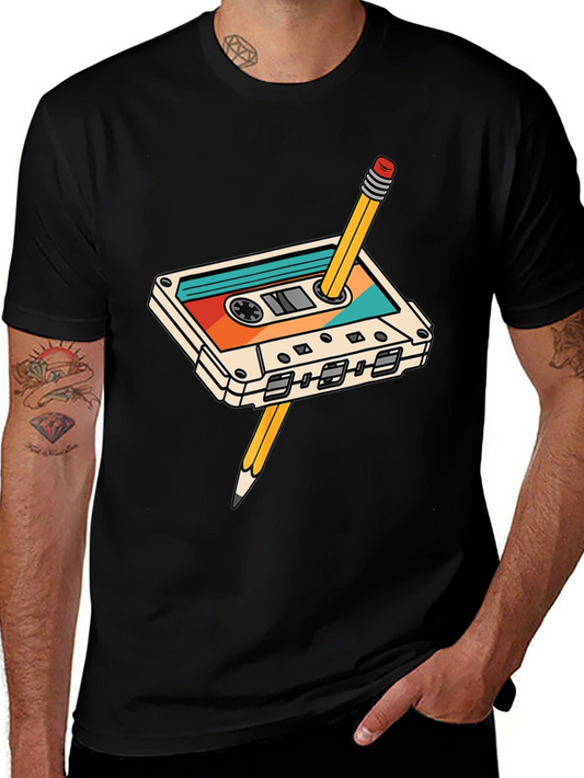 Retro Cassette Tape & Pencil Black T-Shirt