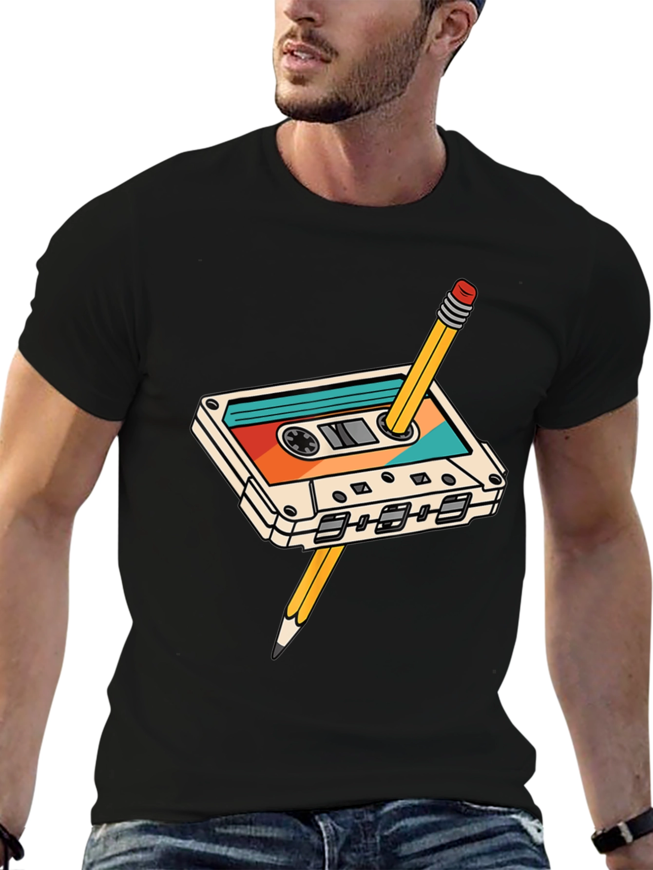 Retro Cassette Tape & Pencil Black T-Shirt