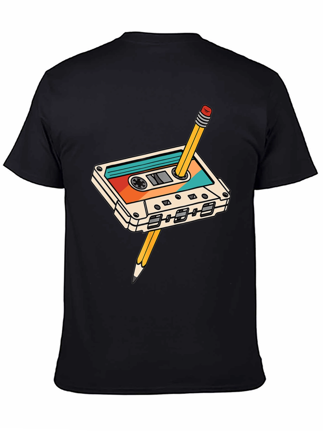 Retro Cassette Tape & Pencil Black T-Shirt