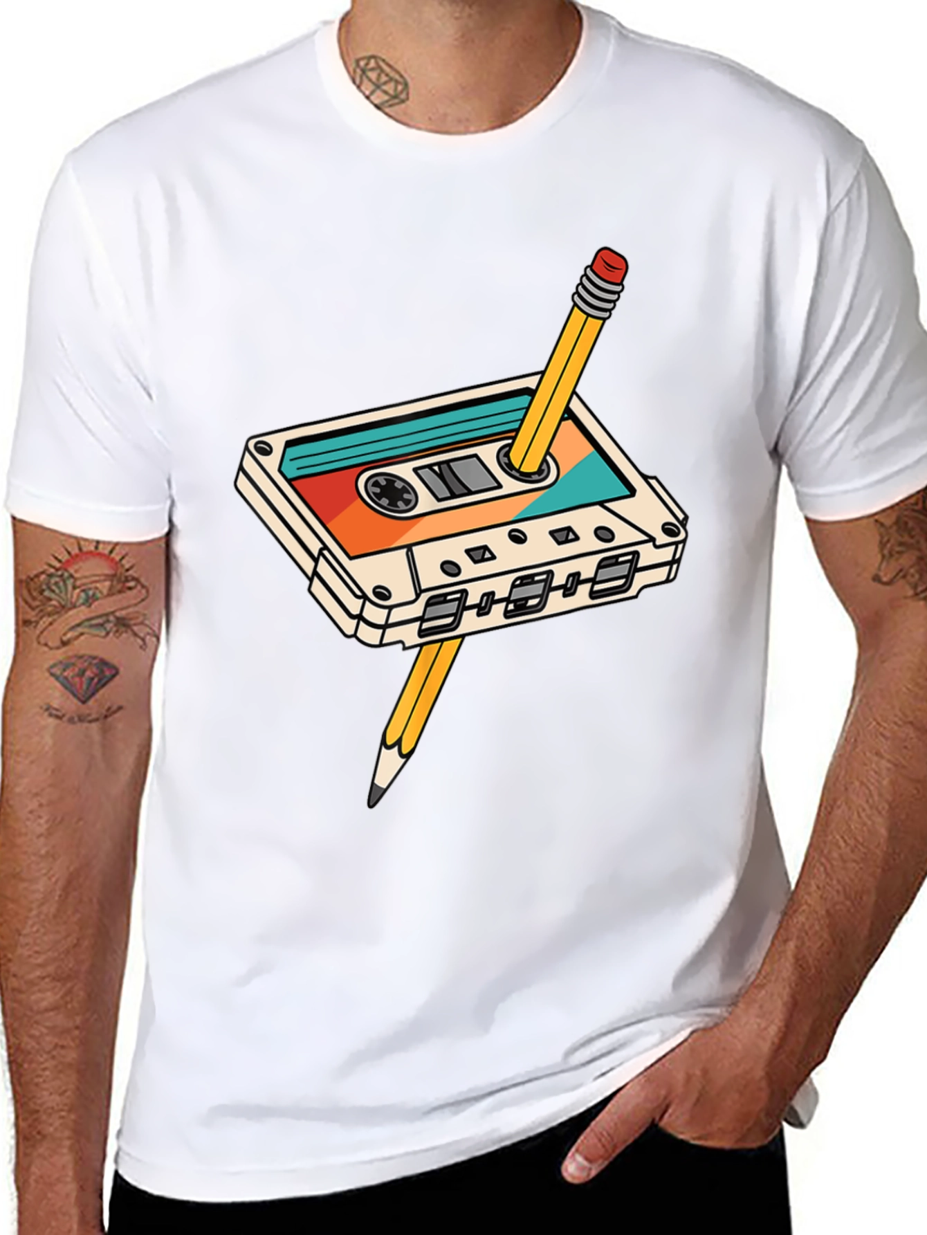 Retro Cassette Tape & Pencil Black T-Shirt