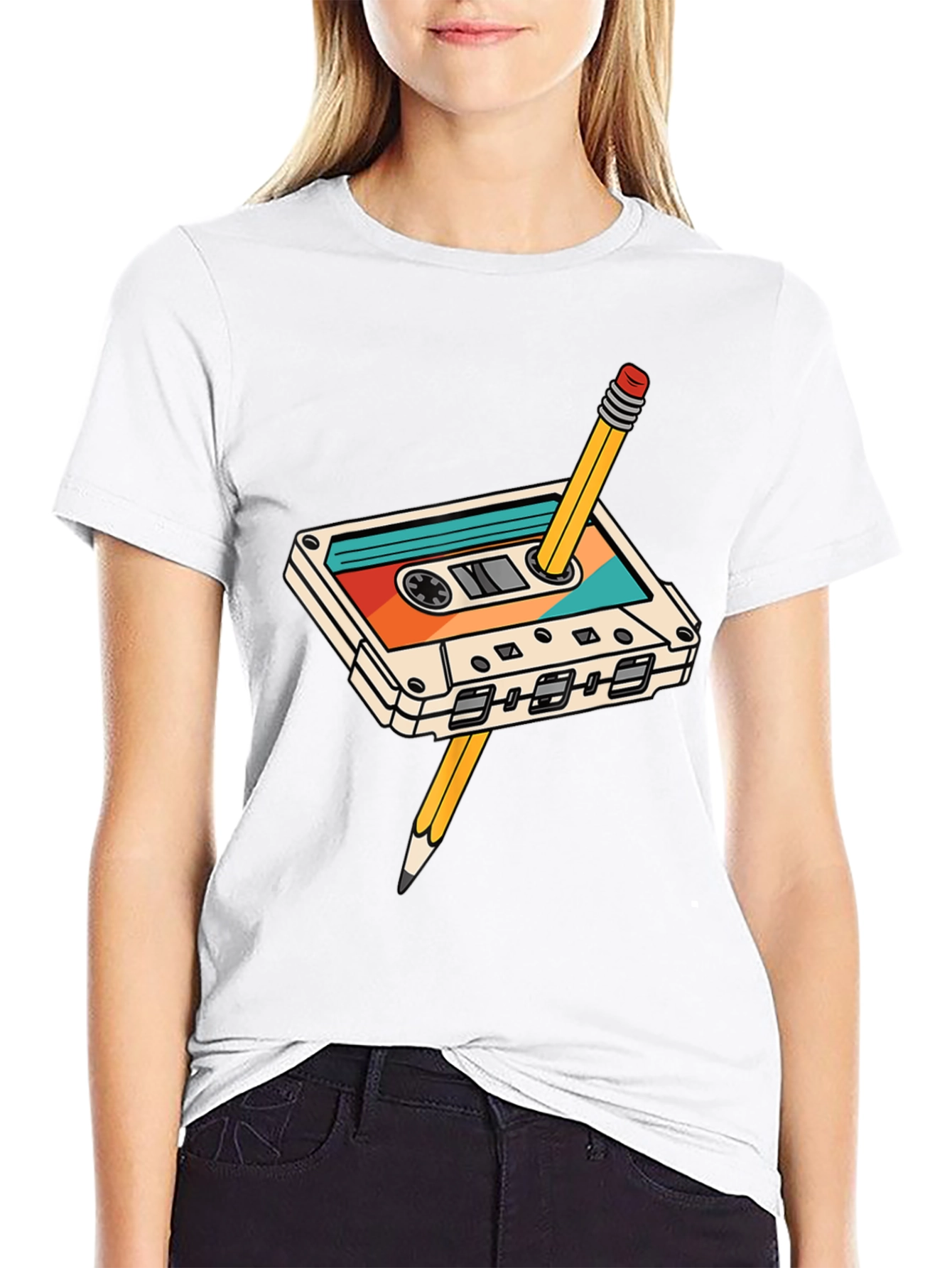 Retro Cassette Tape & Pencil Black T-Shirt