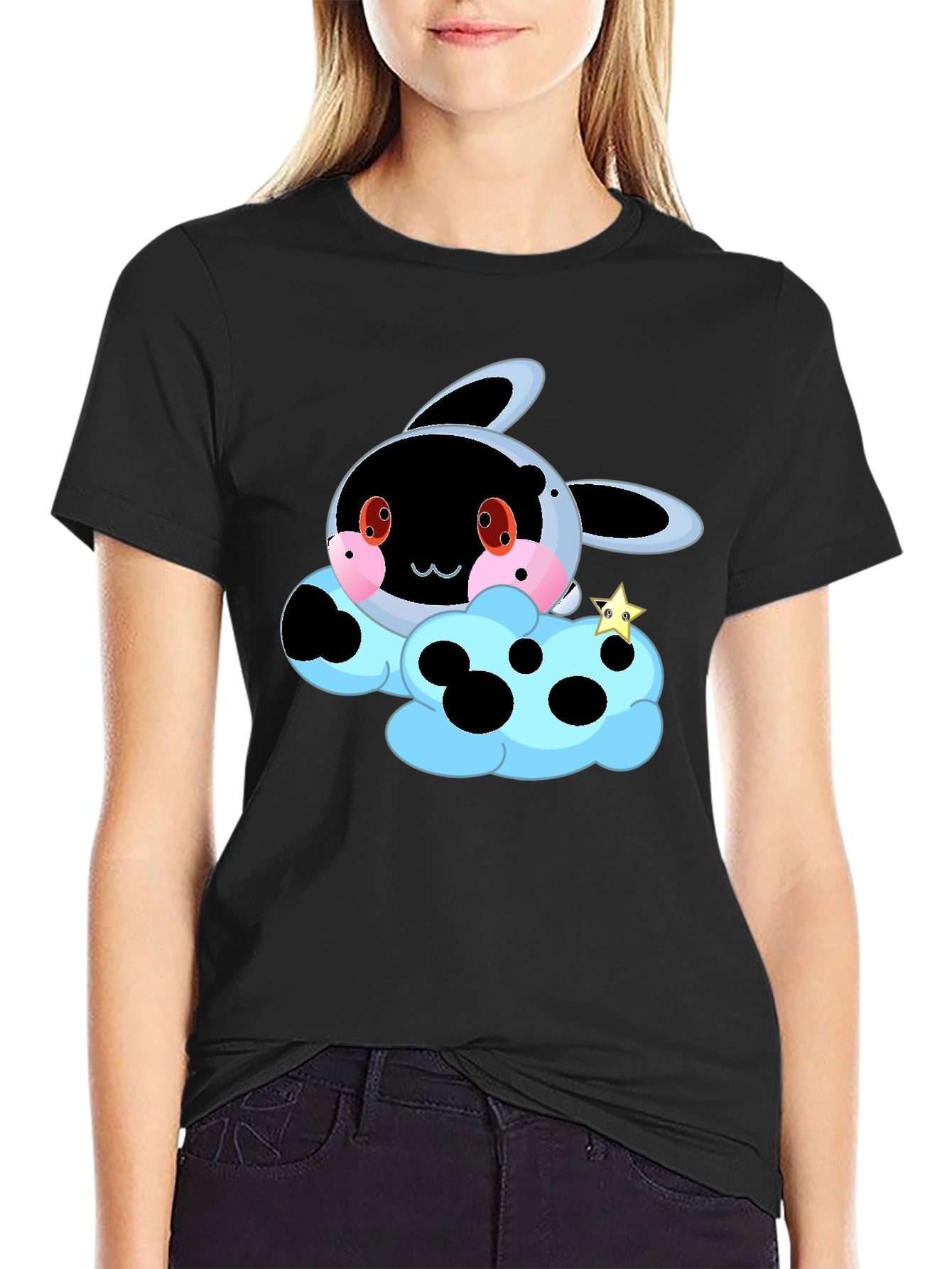 Cute Cartoon Cloud T-Shirt - Black