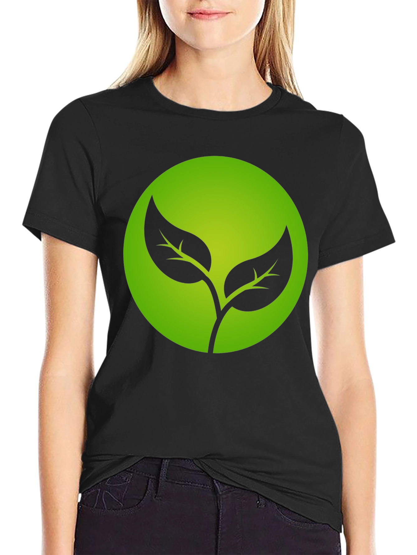 Eco-Friendly Black T-Shirt with Green Leaf Design