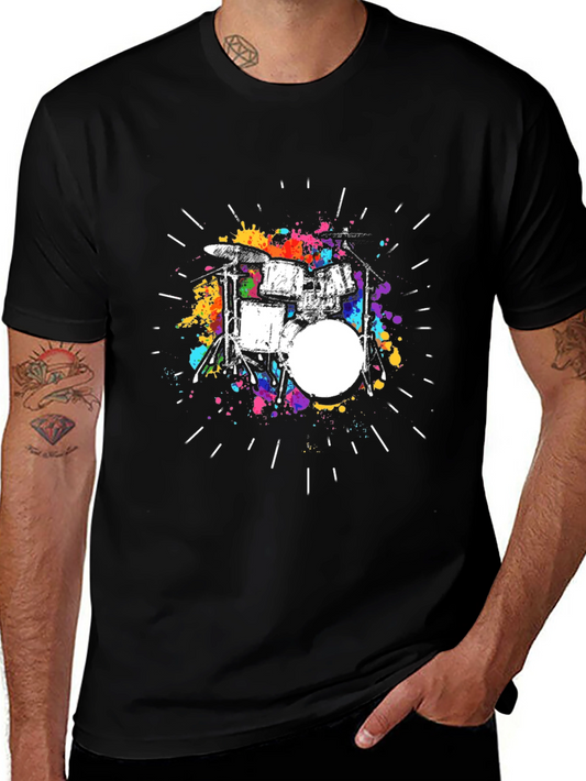 Colorful Drum Set Graphic Print Black T-Shirt