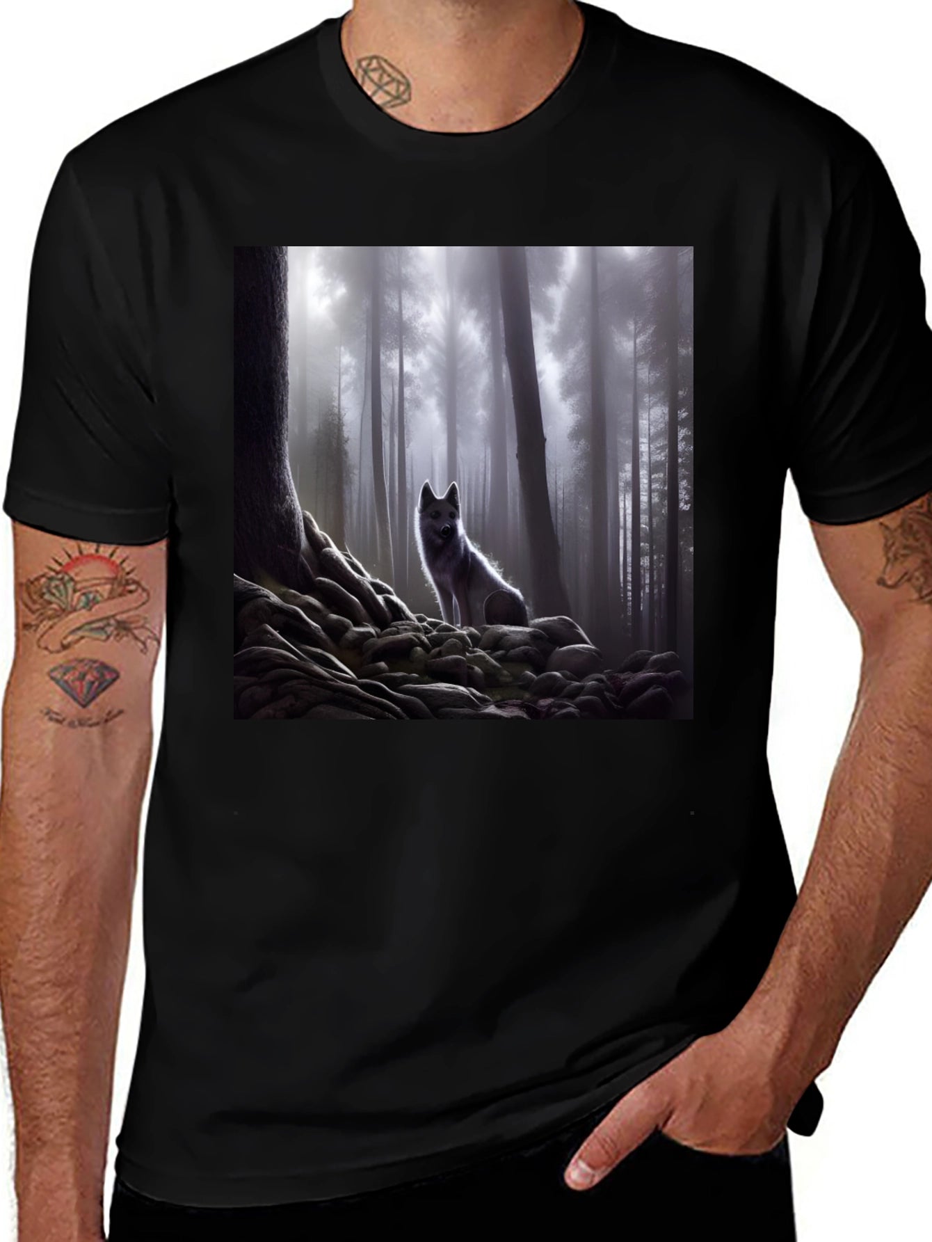 Wolf in Misty Forest Graphic Tee - Black