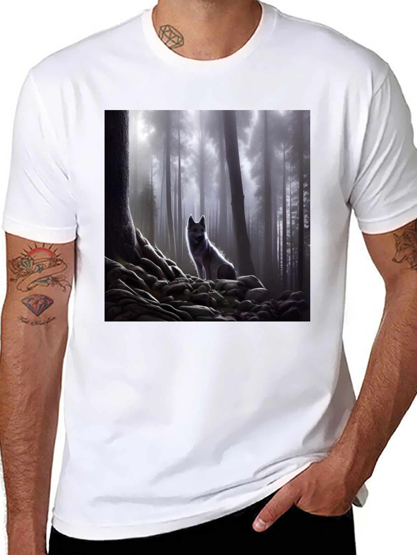 Wolf in Misty Forest Graphic Tee - Black