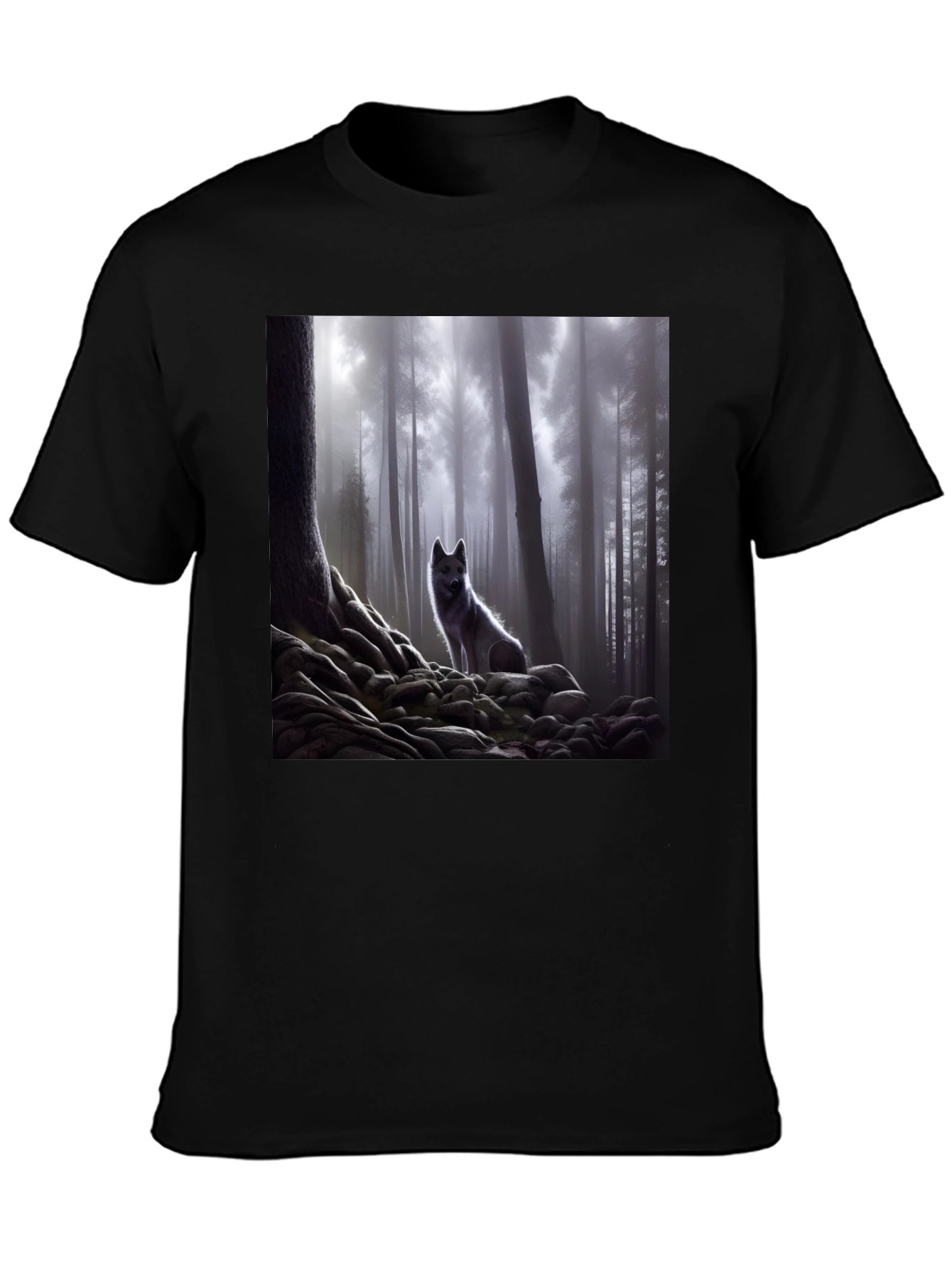 Wolf in Misty Forest Graphic Tee - Black