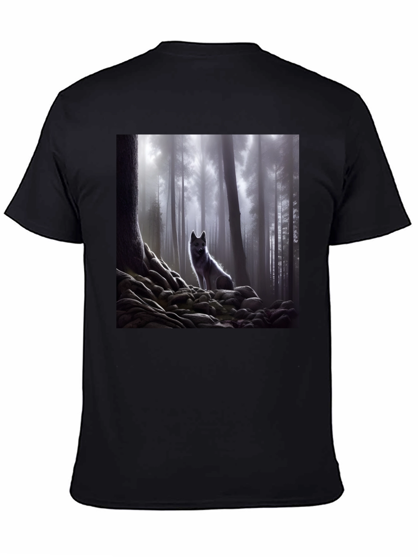 Wolf in Misty Forest Graphic Tee - Black