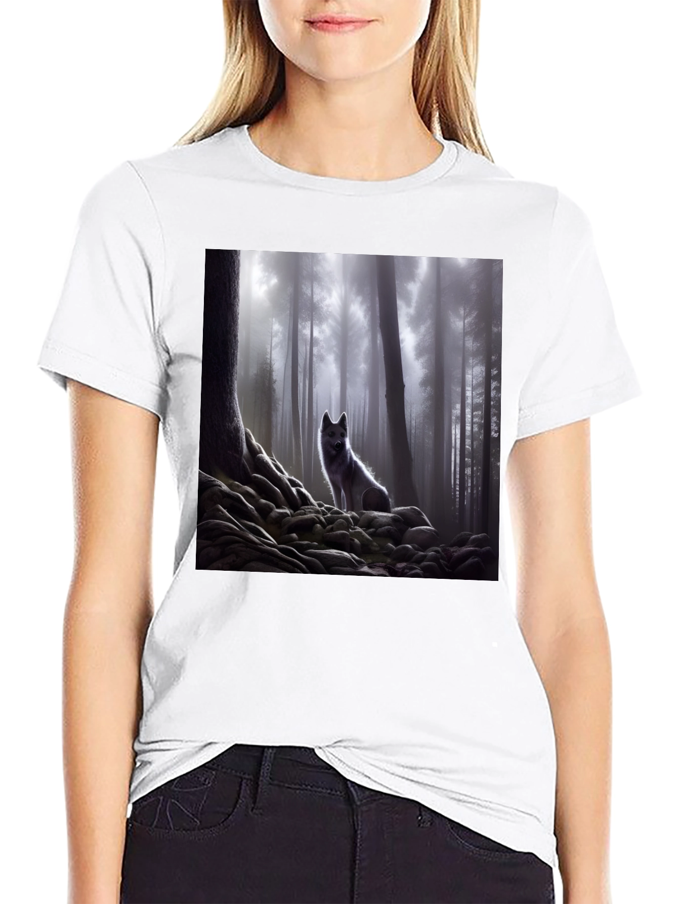 Wolf in Misty Forest Graphic Tee - Black