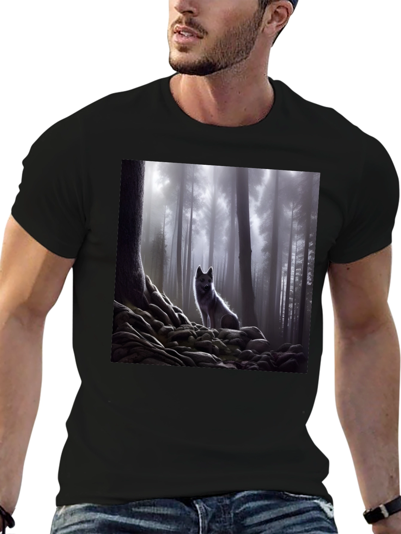 Wolf in Misty Forest Graphic Tee - Black