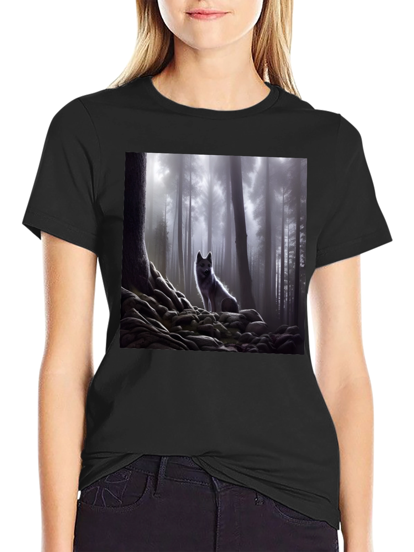 Wolf in Misty Forest Graphic Tee - Black