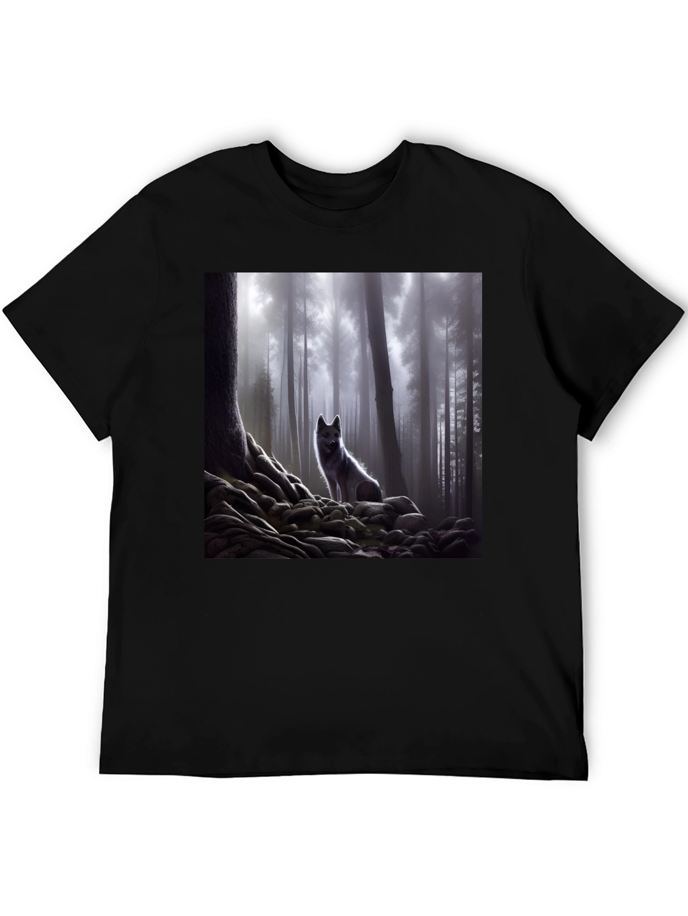 Wolf in Misty Forest Graphic Tee - Black