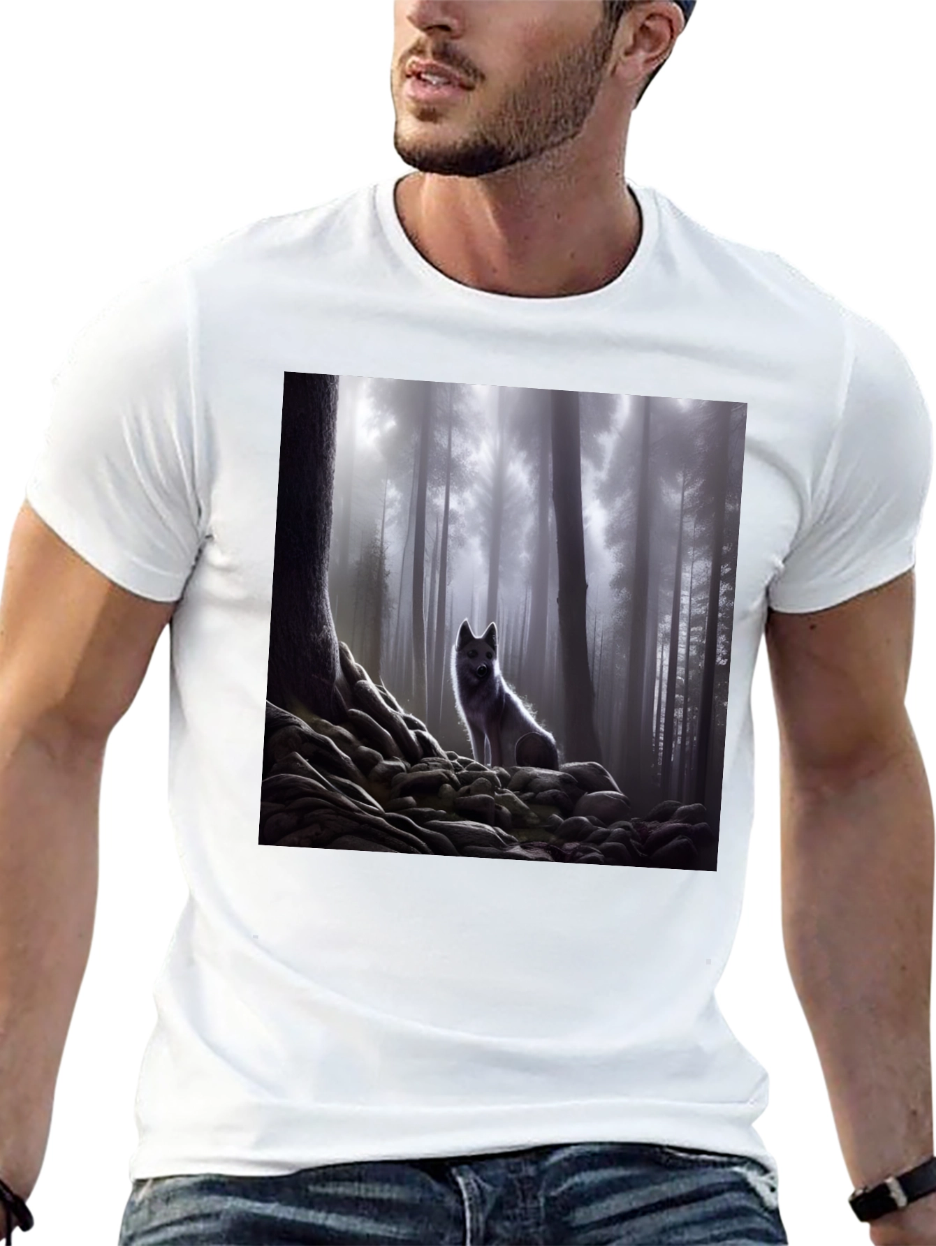Wolf in Misty Forest Graphic Tee - Black