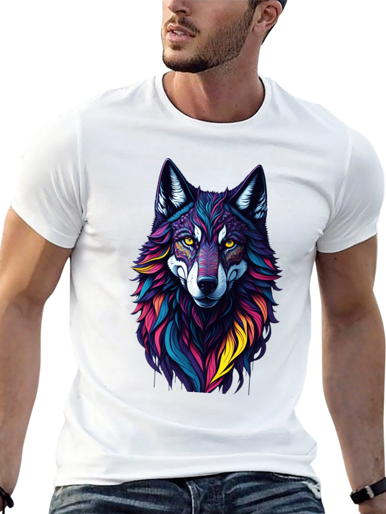 Vibrant Wolf Graphic Tee - Stylish Mens Black T-Shirt