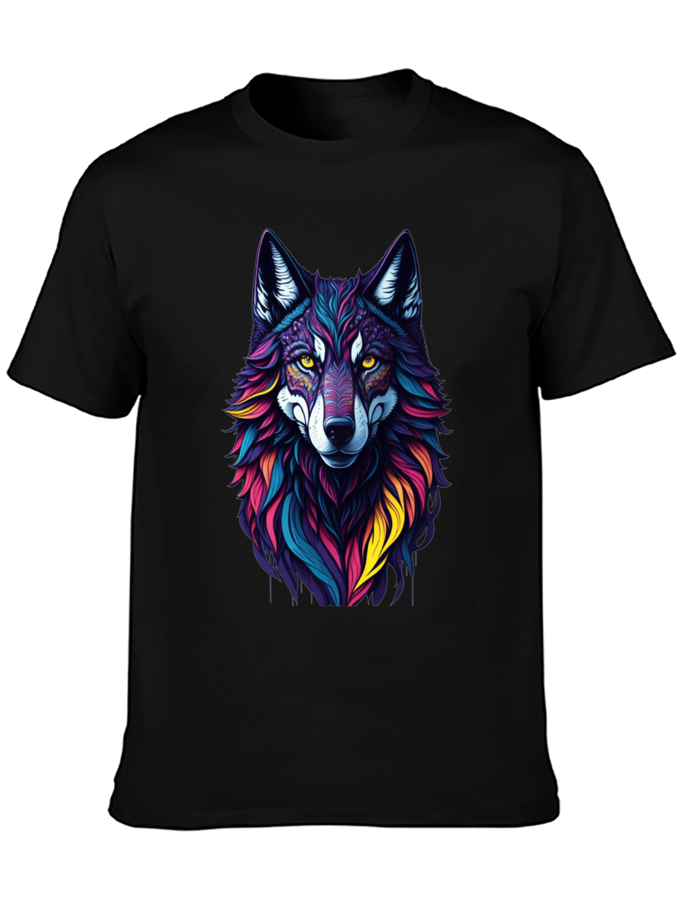 Vibrant Wolf Graphic Tee - Stylish Mens Black T-Shirt
