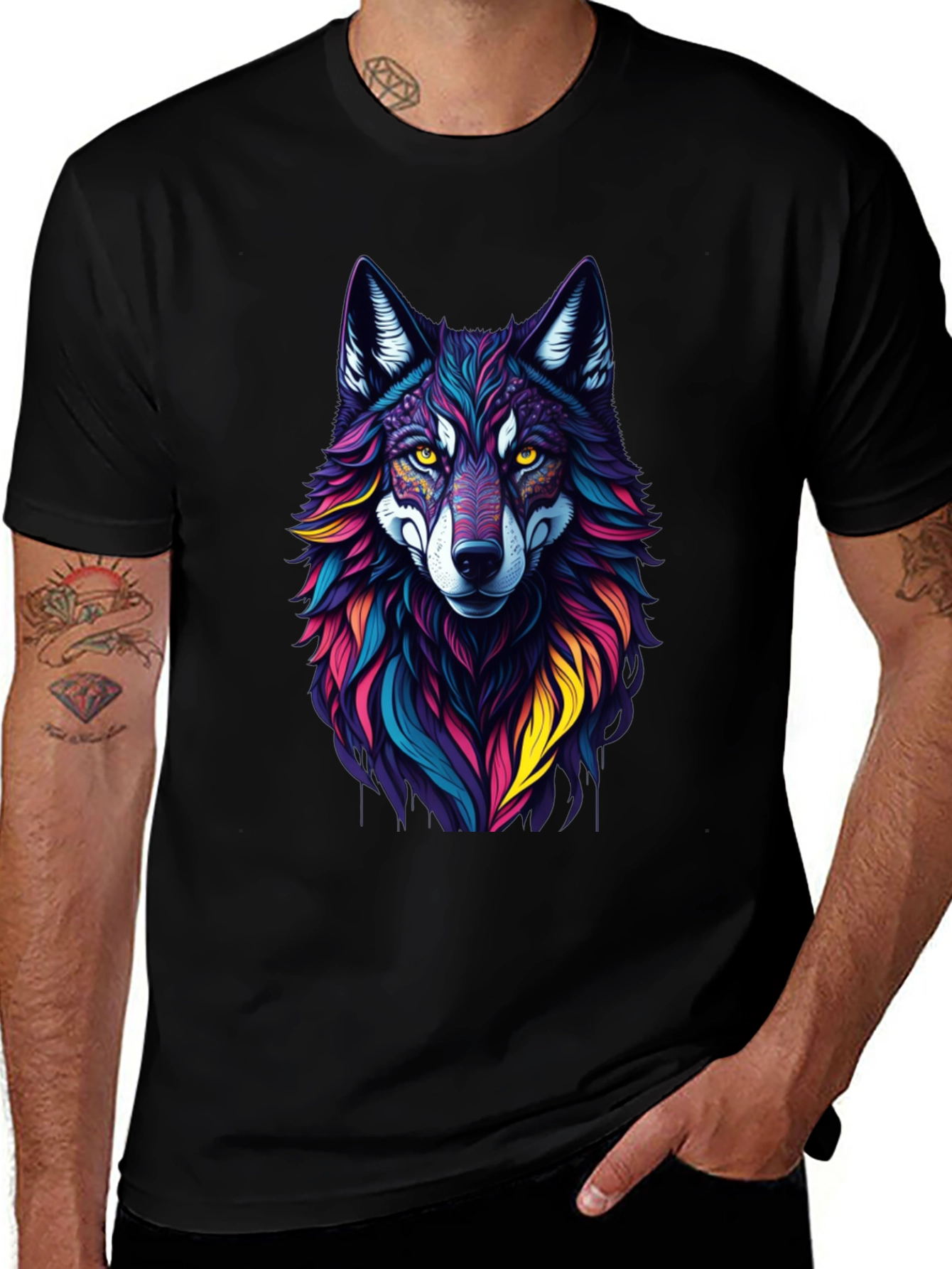 Vibrant Wolf Graphic Tee - Stylish Mens Black T-Shirt