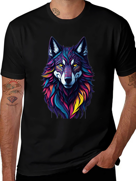 Vibrant Wolf Graphic Tee - Stylish Mens Black T-Shirt