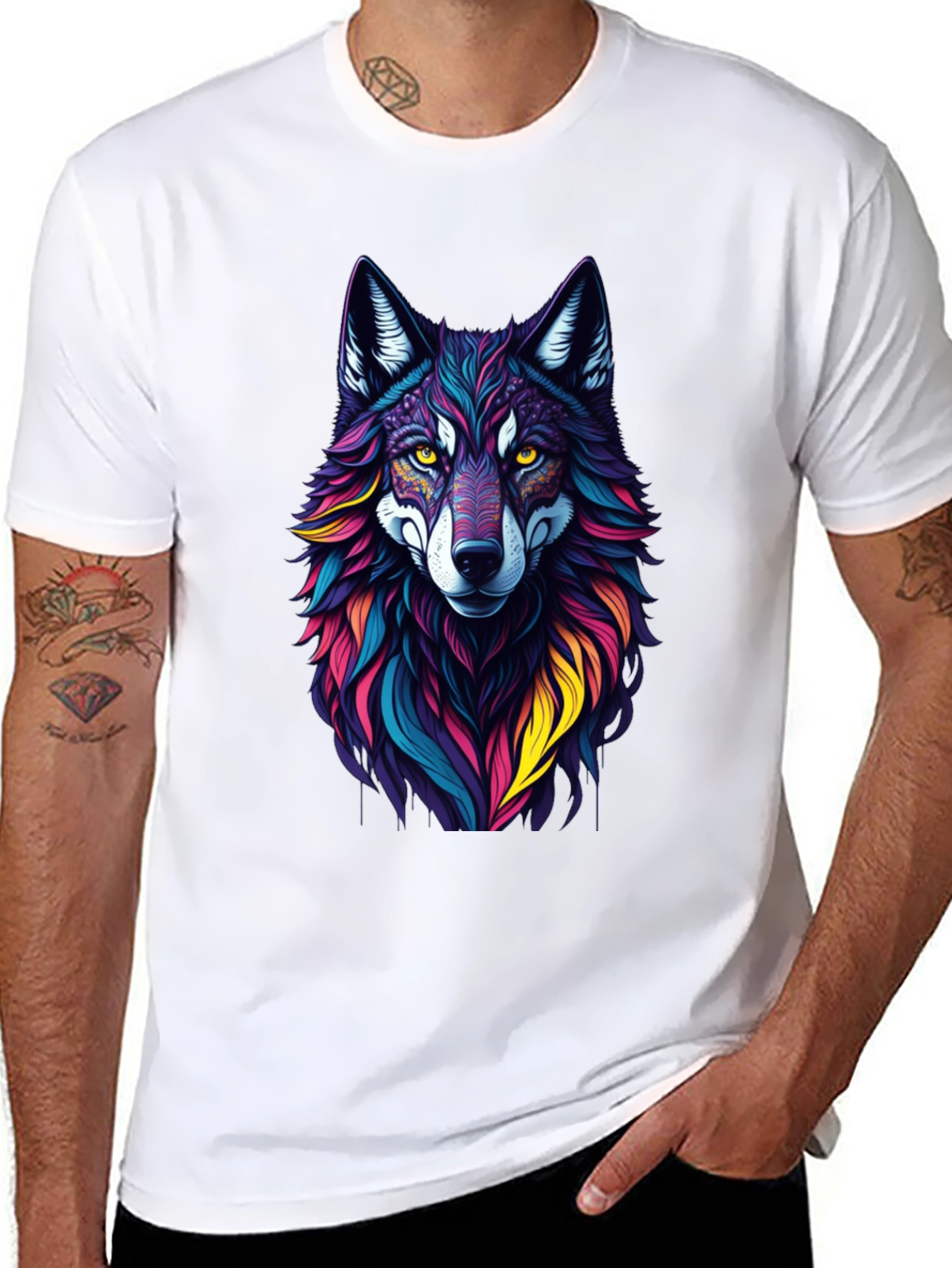 Vibrant Wolf Graphic Tee - Stylish Mens Black T-Shirt