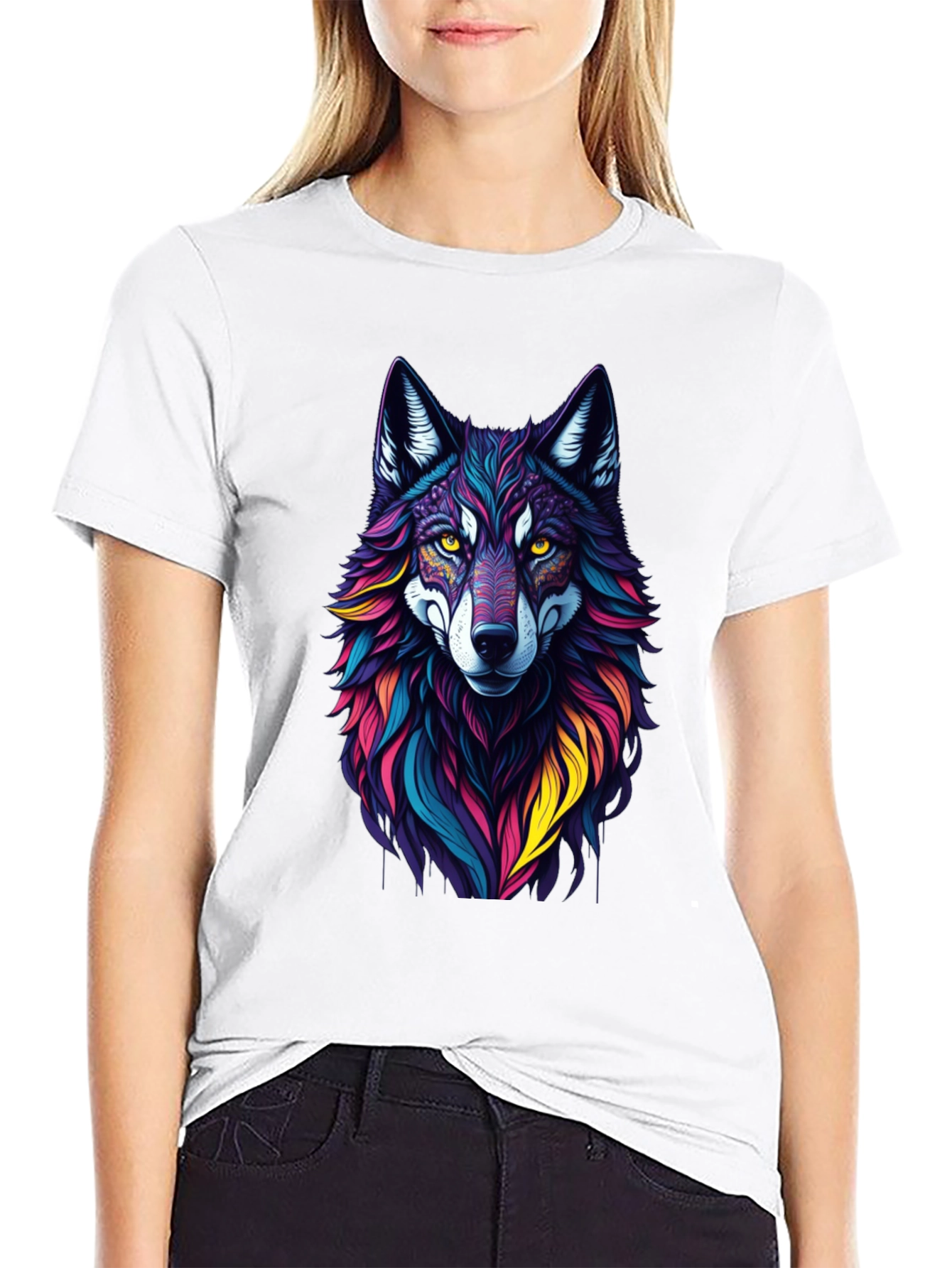 Vibrant Wolf Graphic Tee - Stylish Mens Black T-Shirt