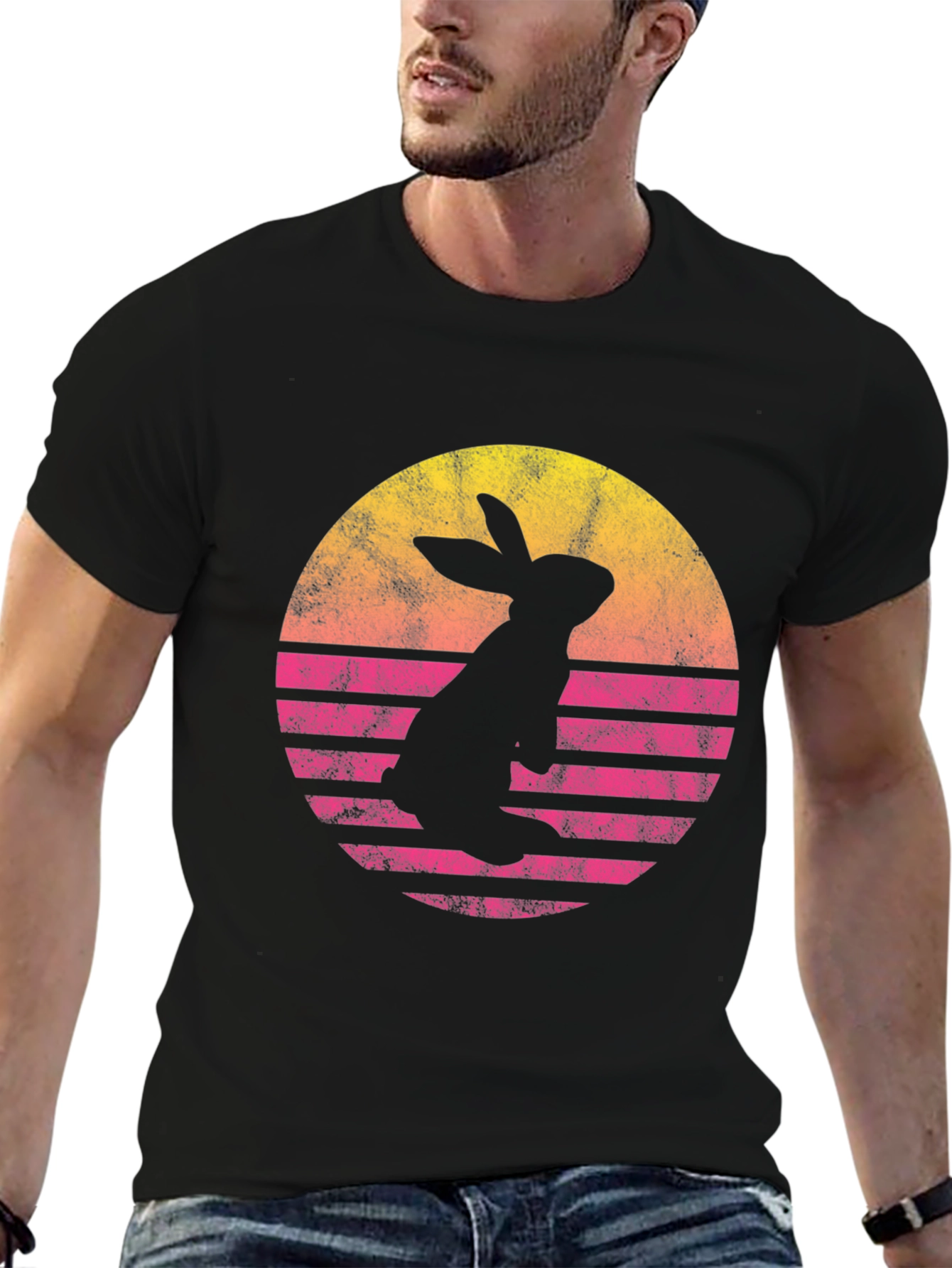 Retro Rabbit Sunset T-Shirt - Black Cotton Blend Tee