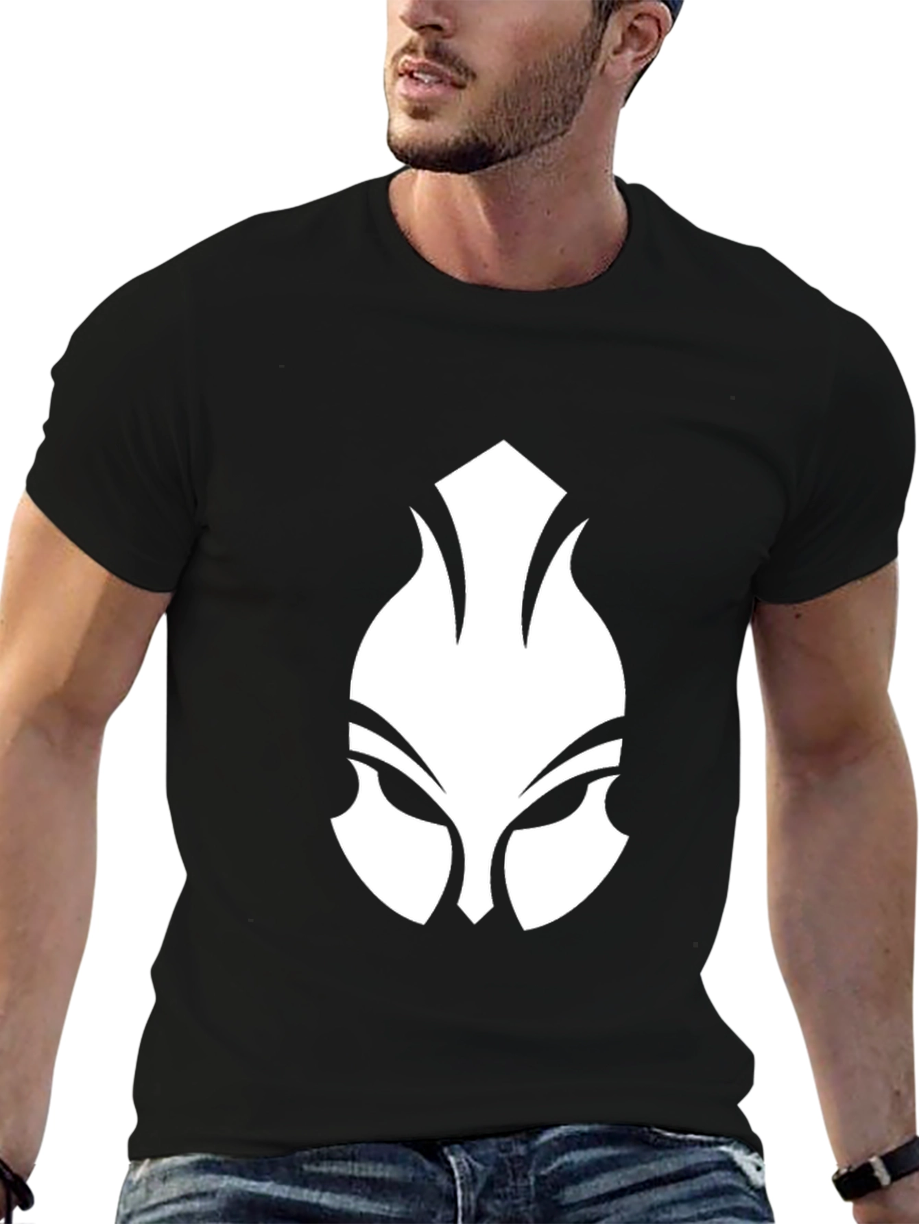 Graphic Black T-Shirt - White Spartan Mask Design