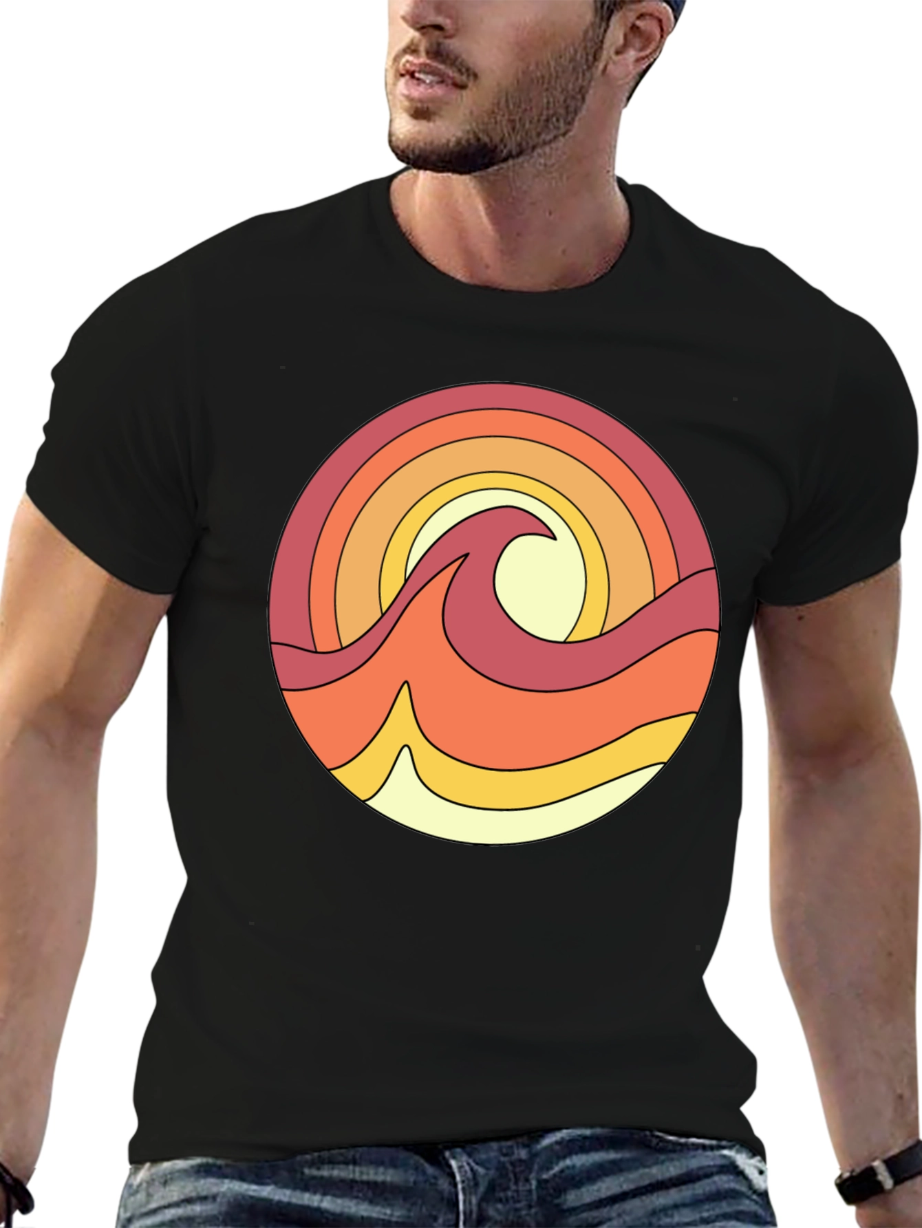 Retro Wave Graphic Tee - Black Cotton T-Shirt