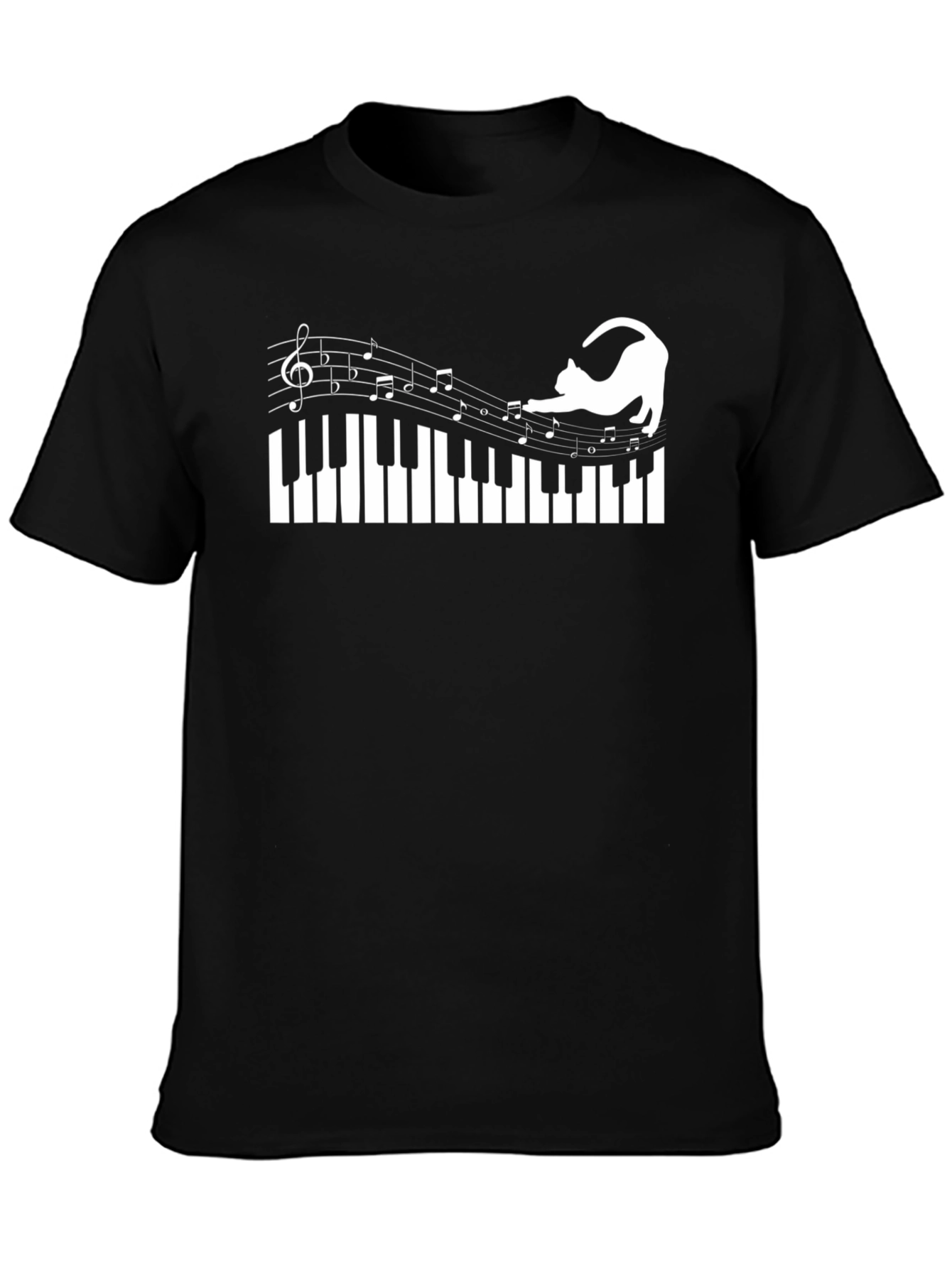 Cat Playing Piano Notes T-Shirt - Black