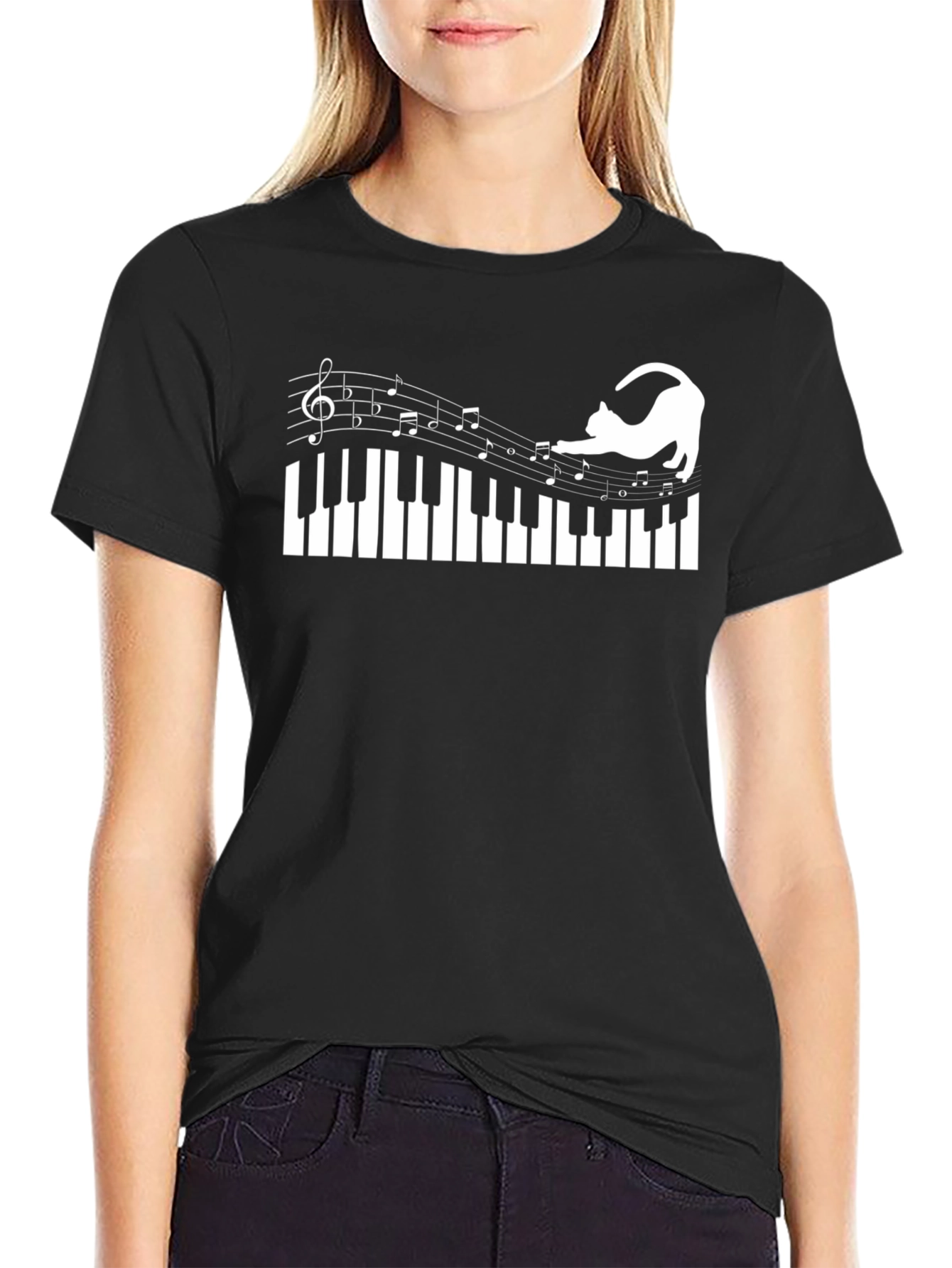 Cat Playing Piano Notes T-Shirt - Black