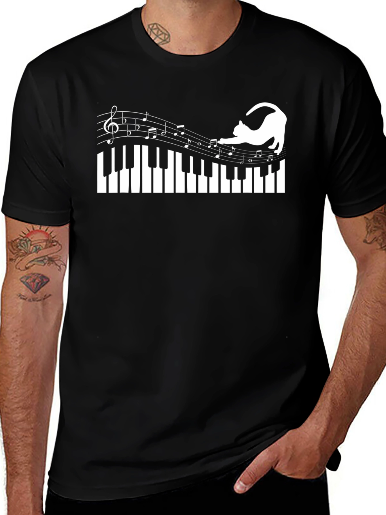 Cat Playing Piano Notes T-Shirt - Black