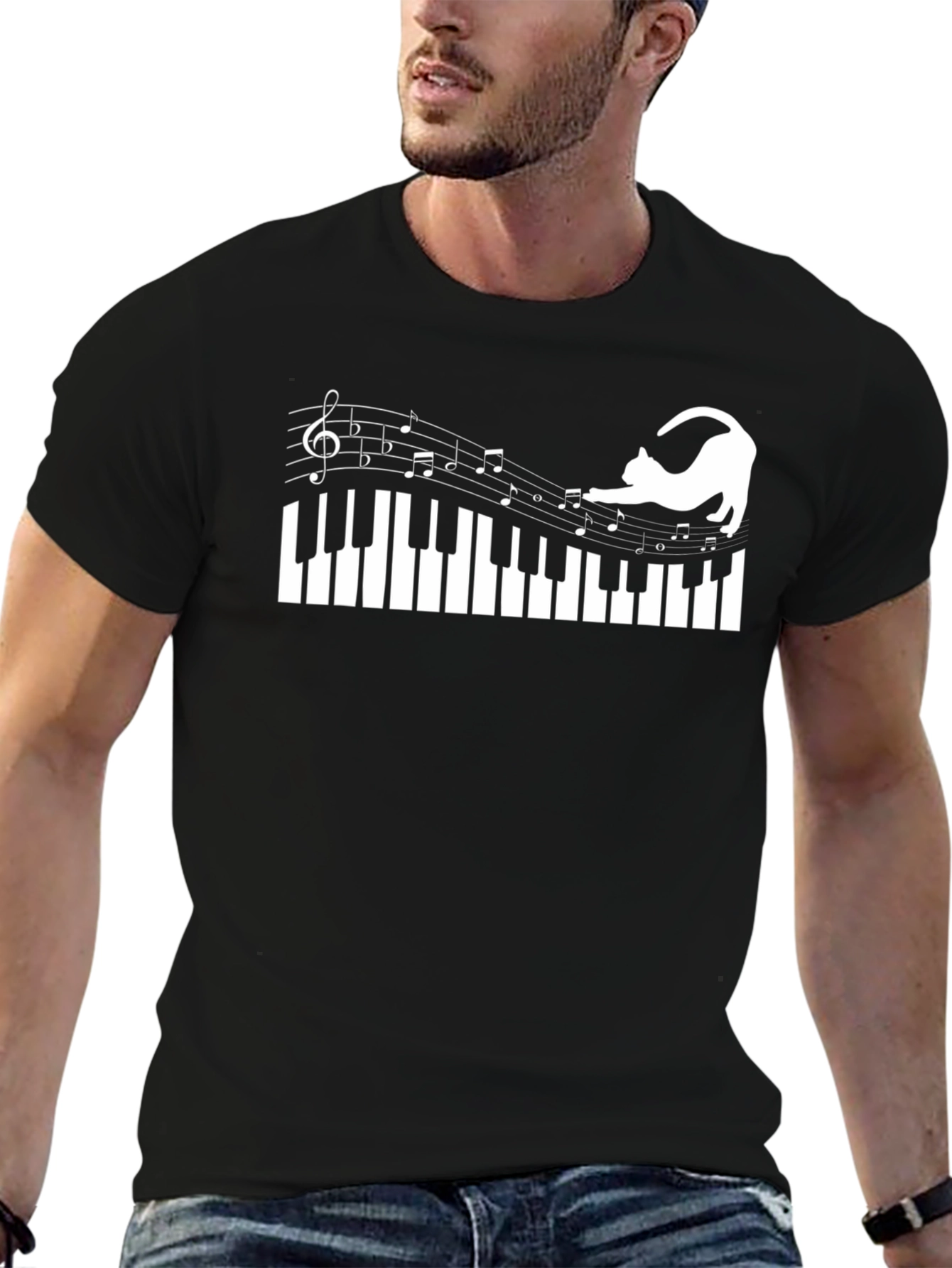 Cat Playing Piano Notes T-Shirt - Black