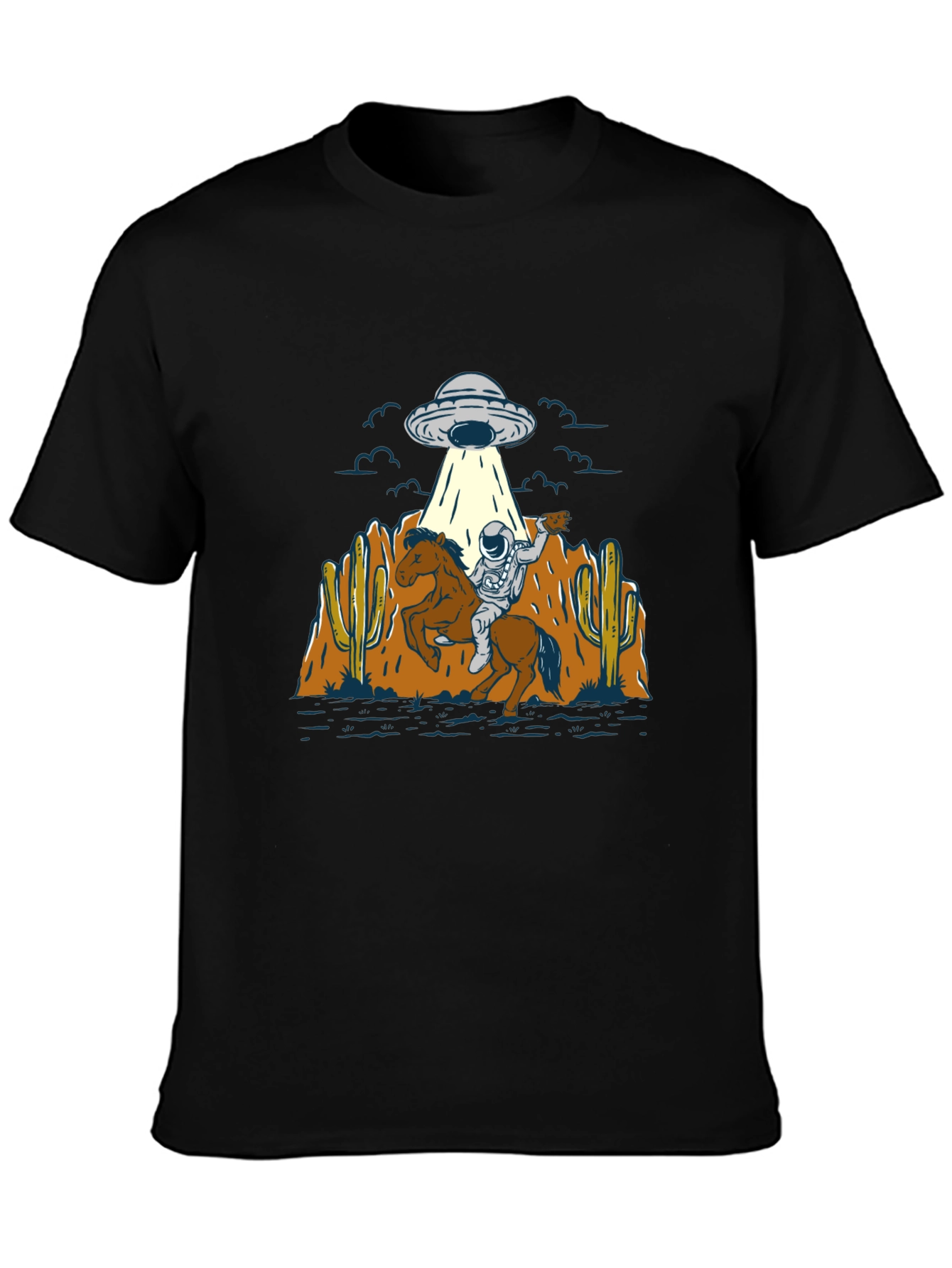 Astronaut Cowboy UFO T-Shirt - Black Cotton Tee