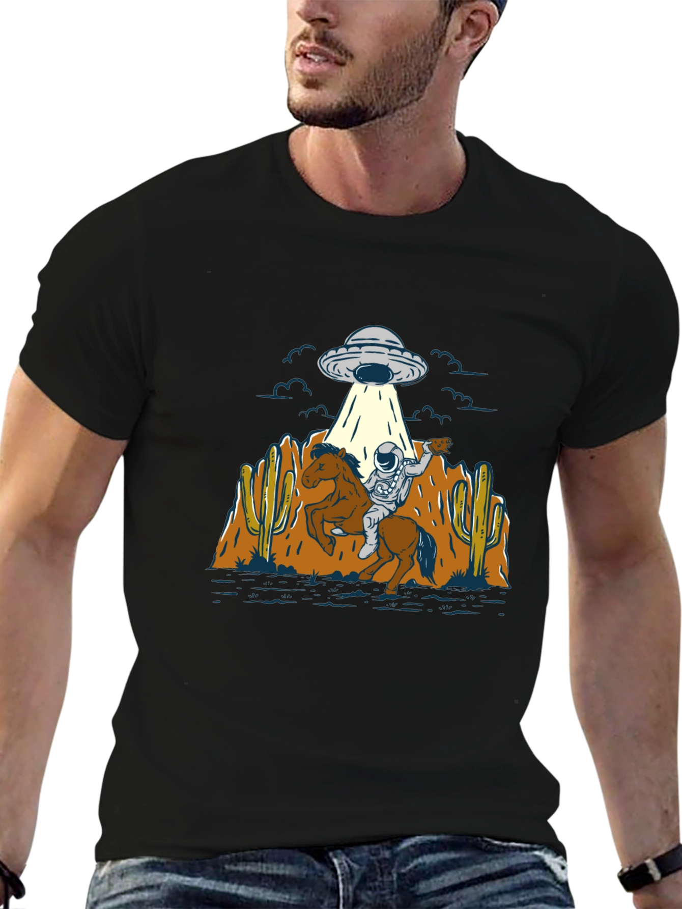 Astronaut Cowboy UFO T-Shirt - Black Cotton Tee