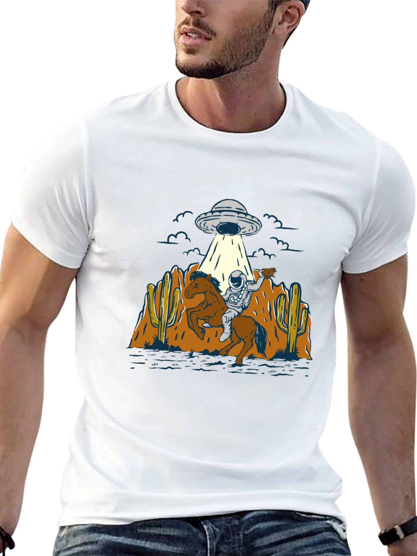 Astronaut Cowboy UFO T-Shirt - Black Cotton Tee