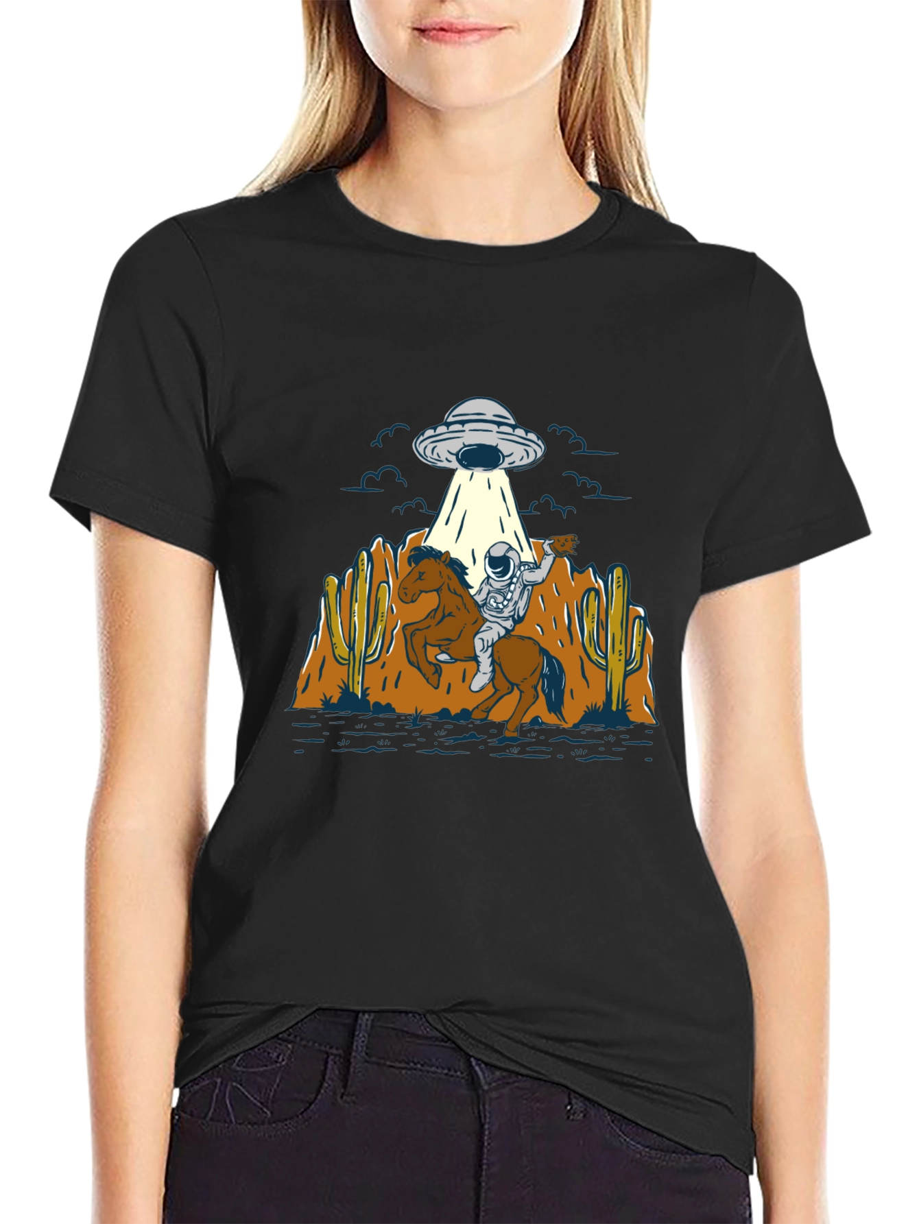 Astronaut Cowboy UFO T-Shirt - Black Cotton Tee