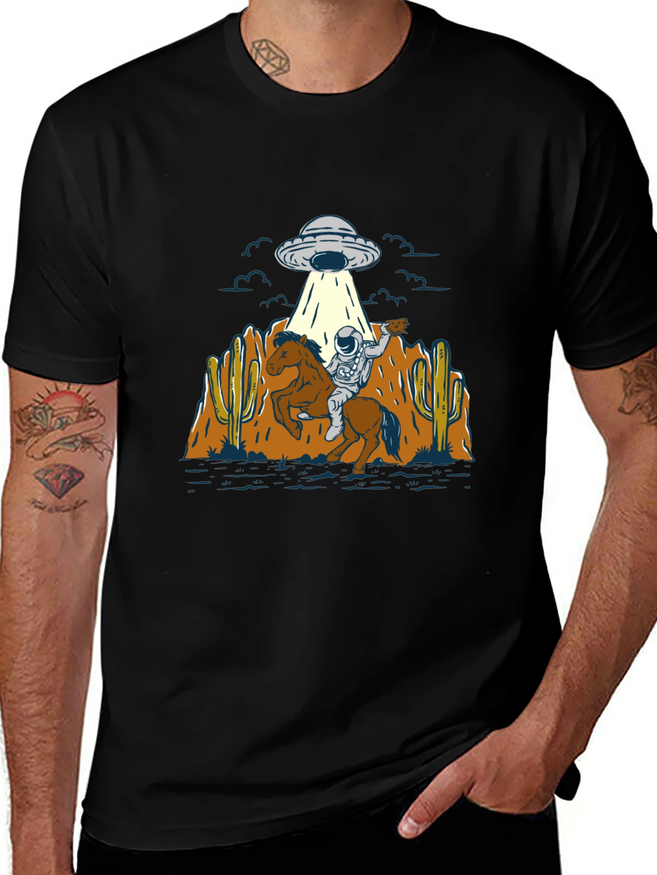 Astronaut Cowboy UFO T-Shirt - Black Cotton Tee