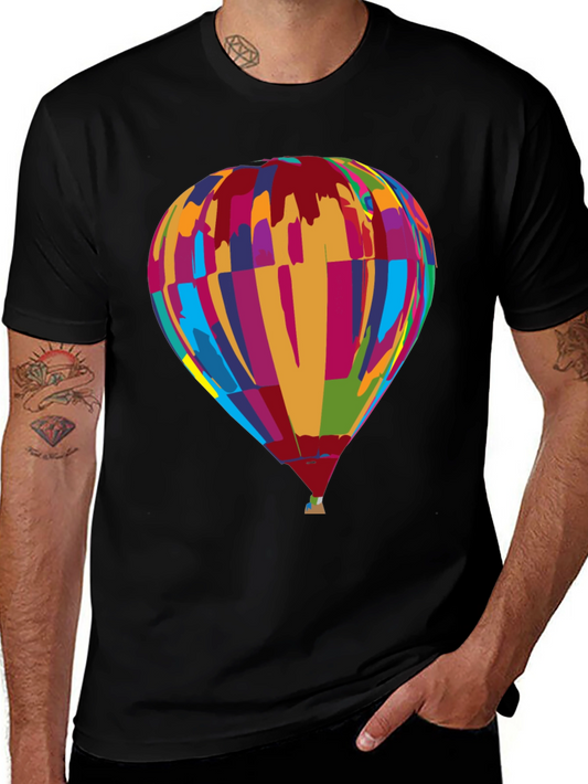 Colorful Hot Air Balloon Graphic Tee - Soft Black Cotton