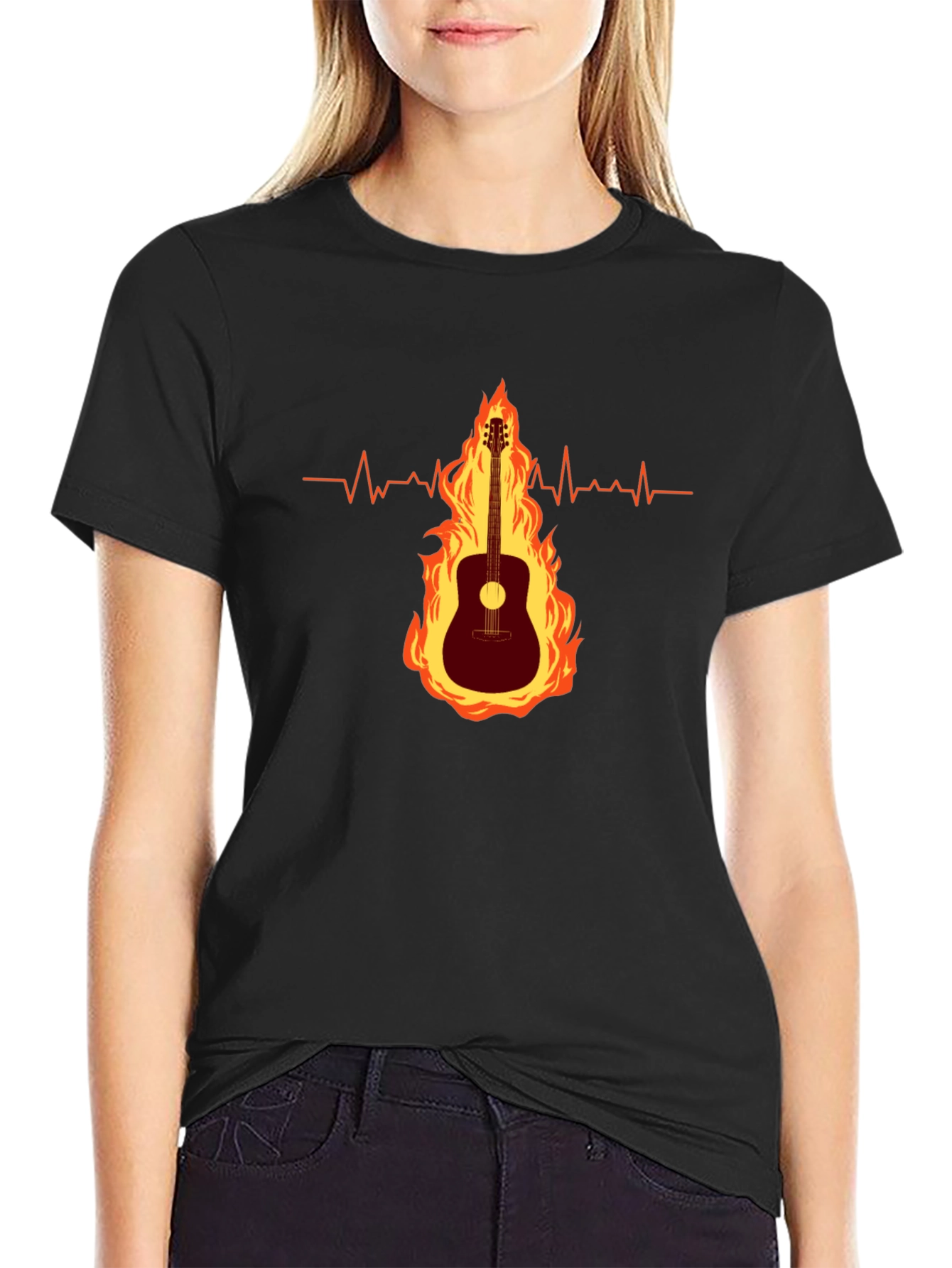 Guitar on Fire Graphic Tee - Musicians Heartbeat Shirt