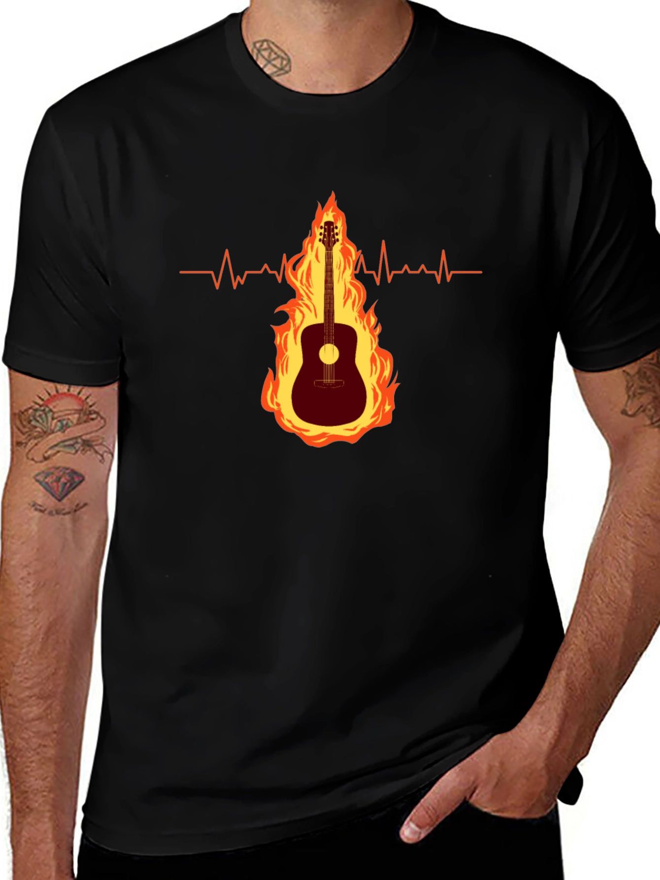 Guitar on Fire Graphic Tee - Musicians Heartbeat Shirt