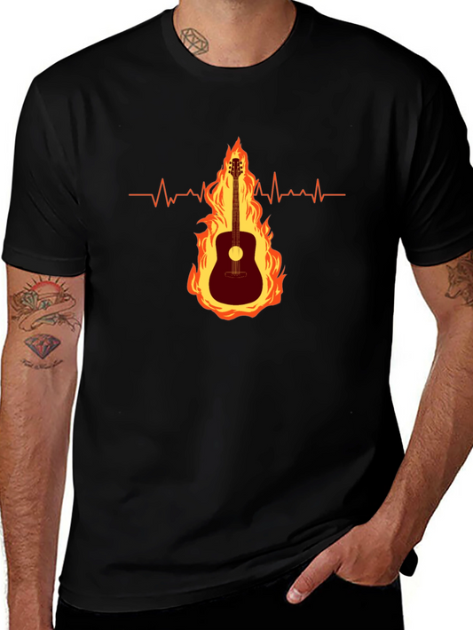 Guitar on Fire Graphic Tee - Musicians Heartbeat Shirt
