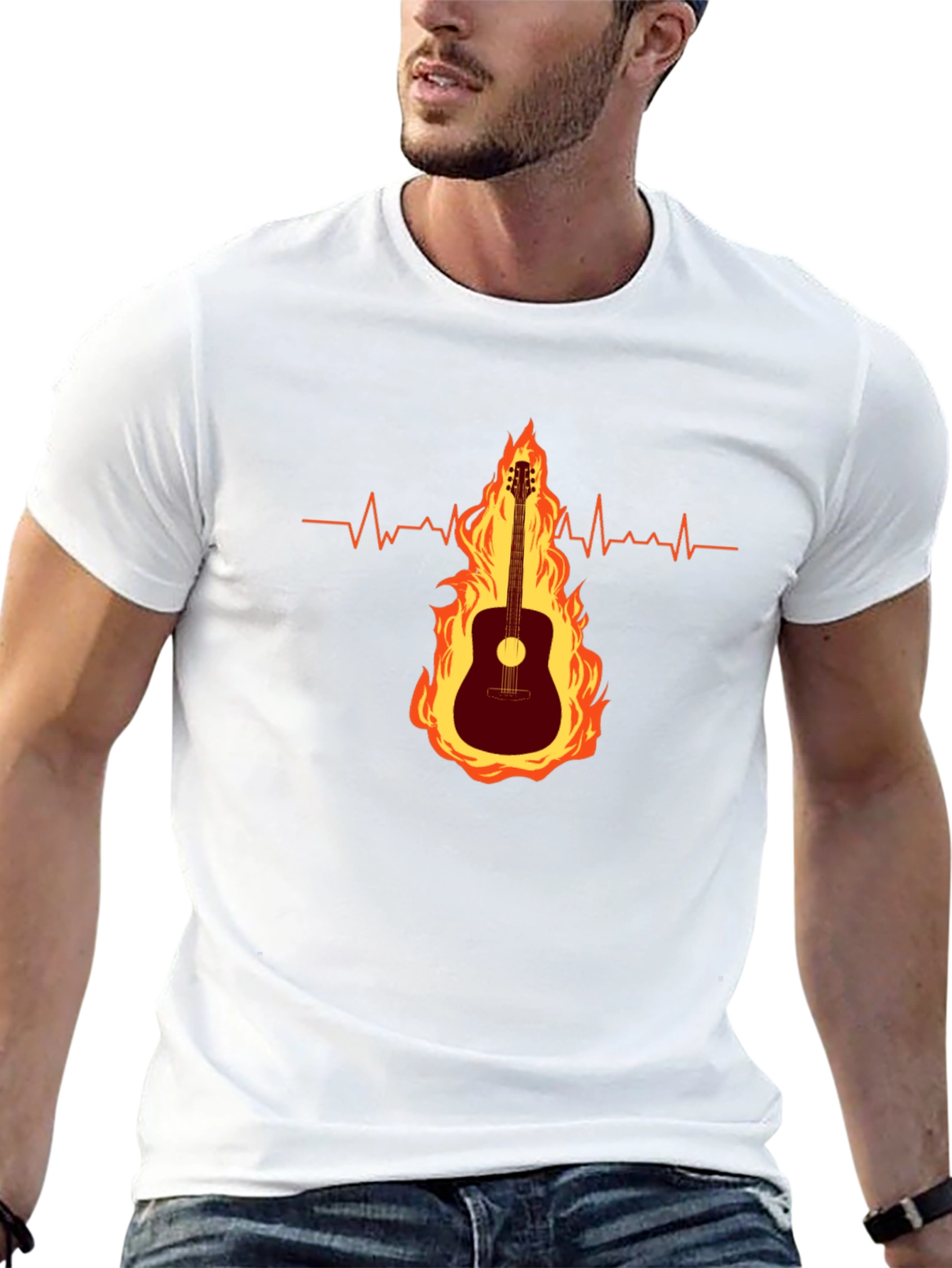 Guitar on Fire Graphic Tee - Musicians Heartbeat Shirt