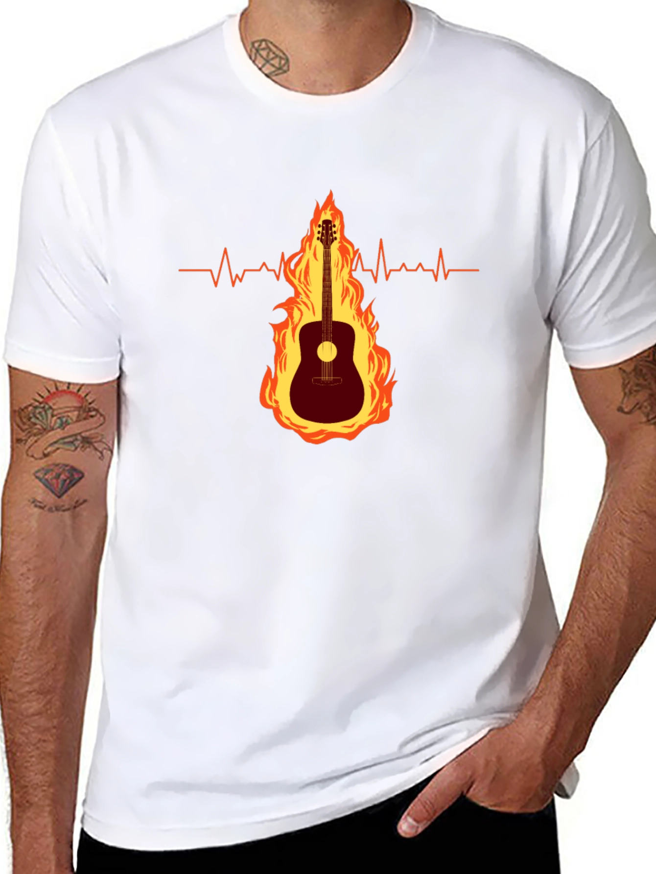 Guitar on Fire Graphic Tee - Musicians Heartbeat Shirt