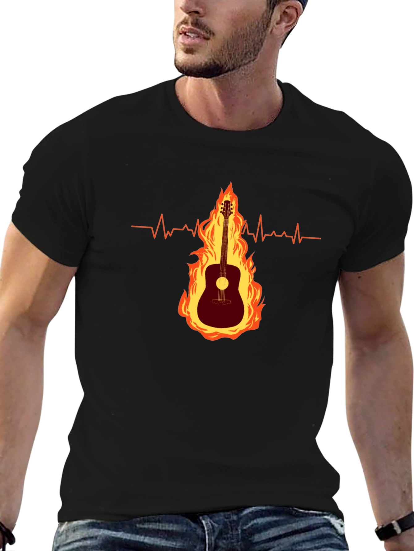 Guitar on Fire Graphic Tee - Musicians Heartbeat Shirt