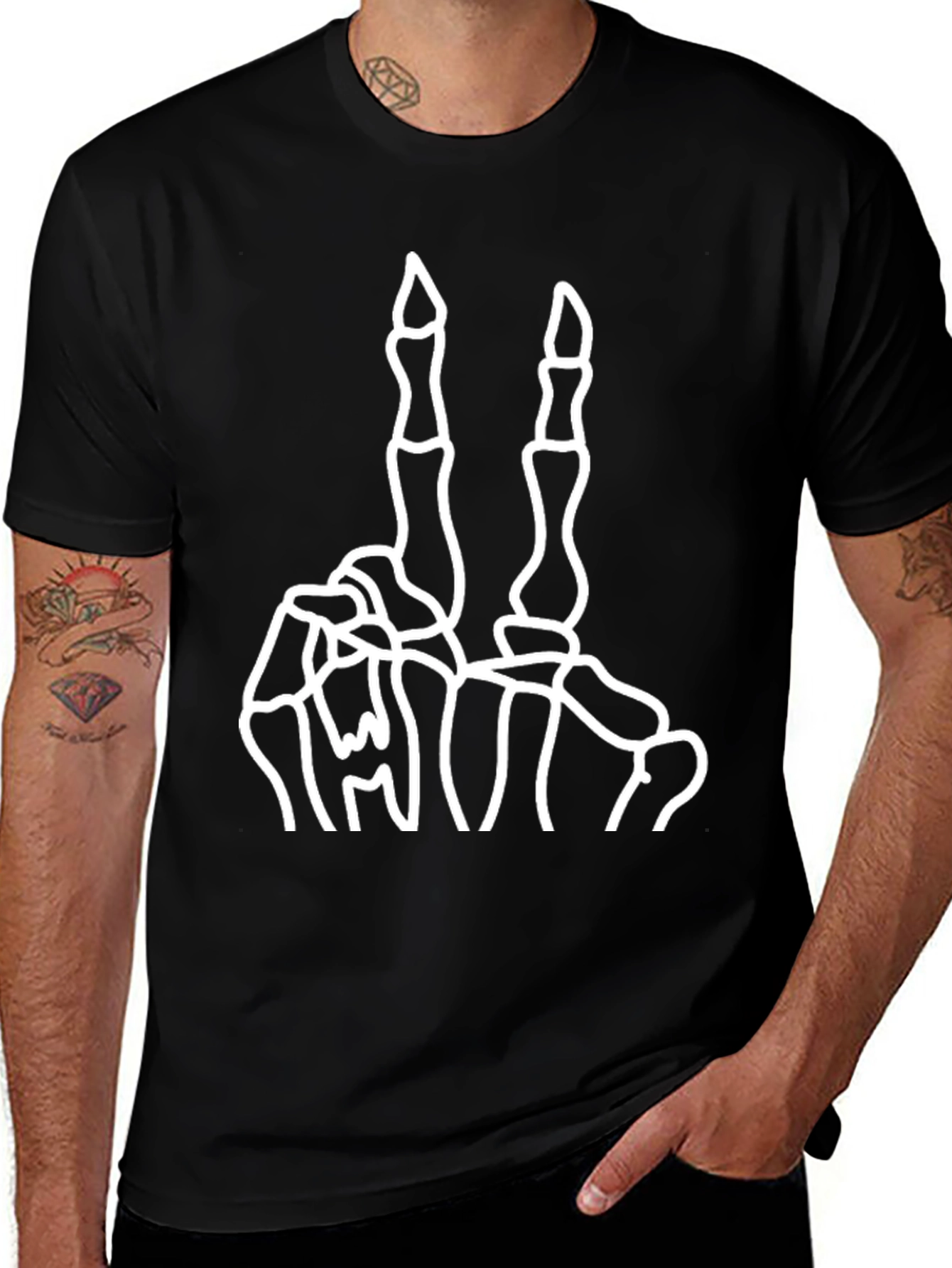 Skeleton Hand Peace Sign Black Graphic Tee