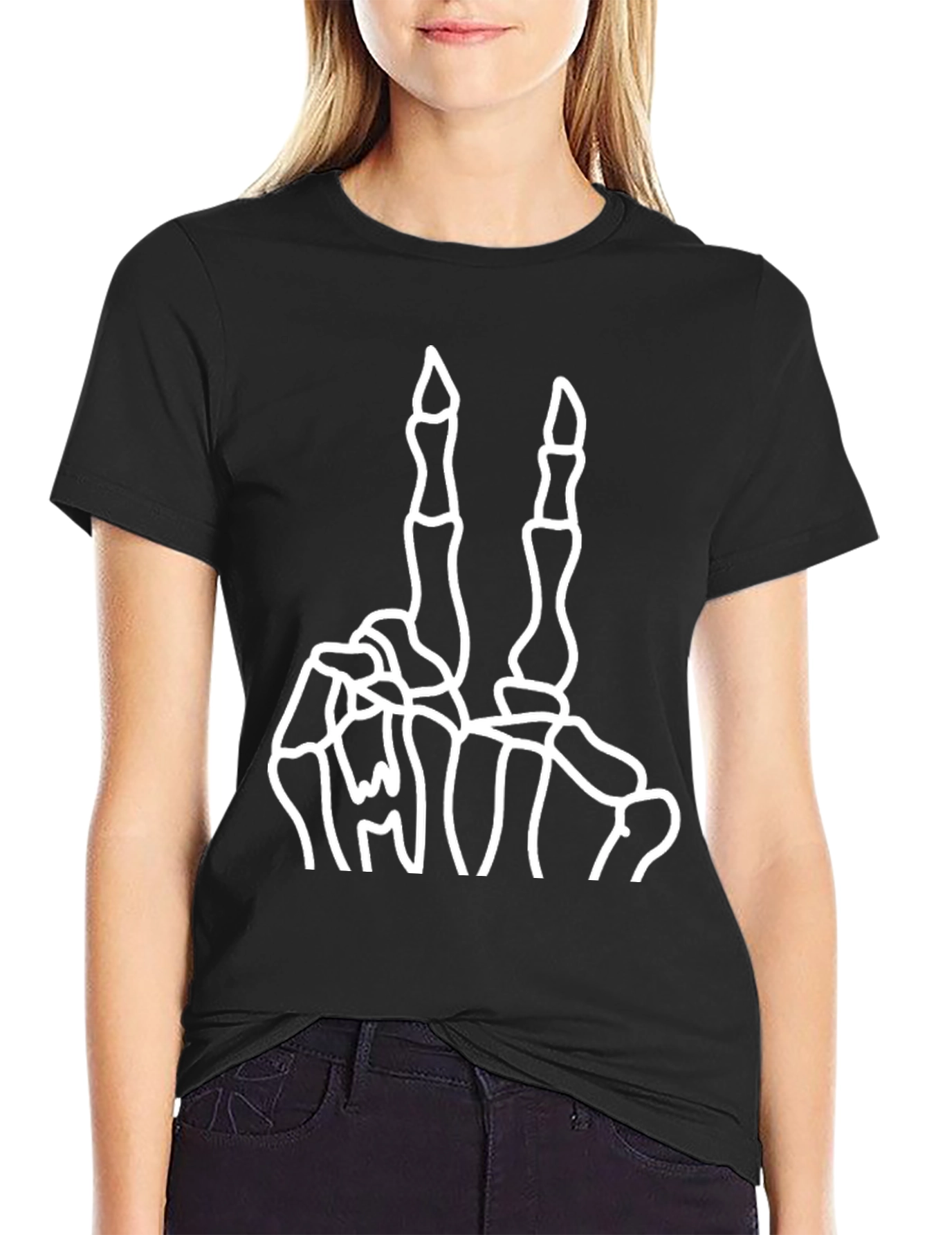 Skeleton Hand Peace Sign Black Graphic Tee
