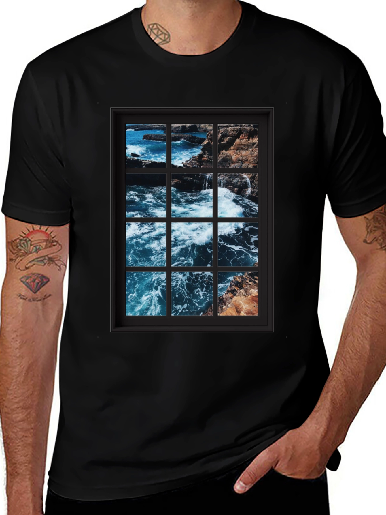 Ocean View Graphic Tee - Black Cotton T-Shirt