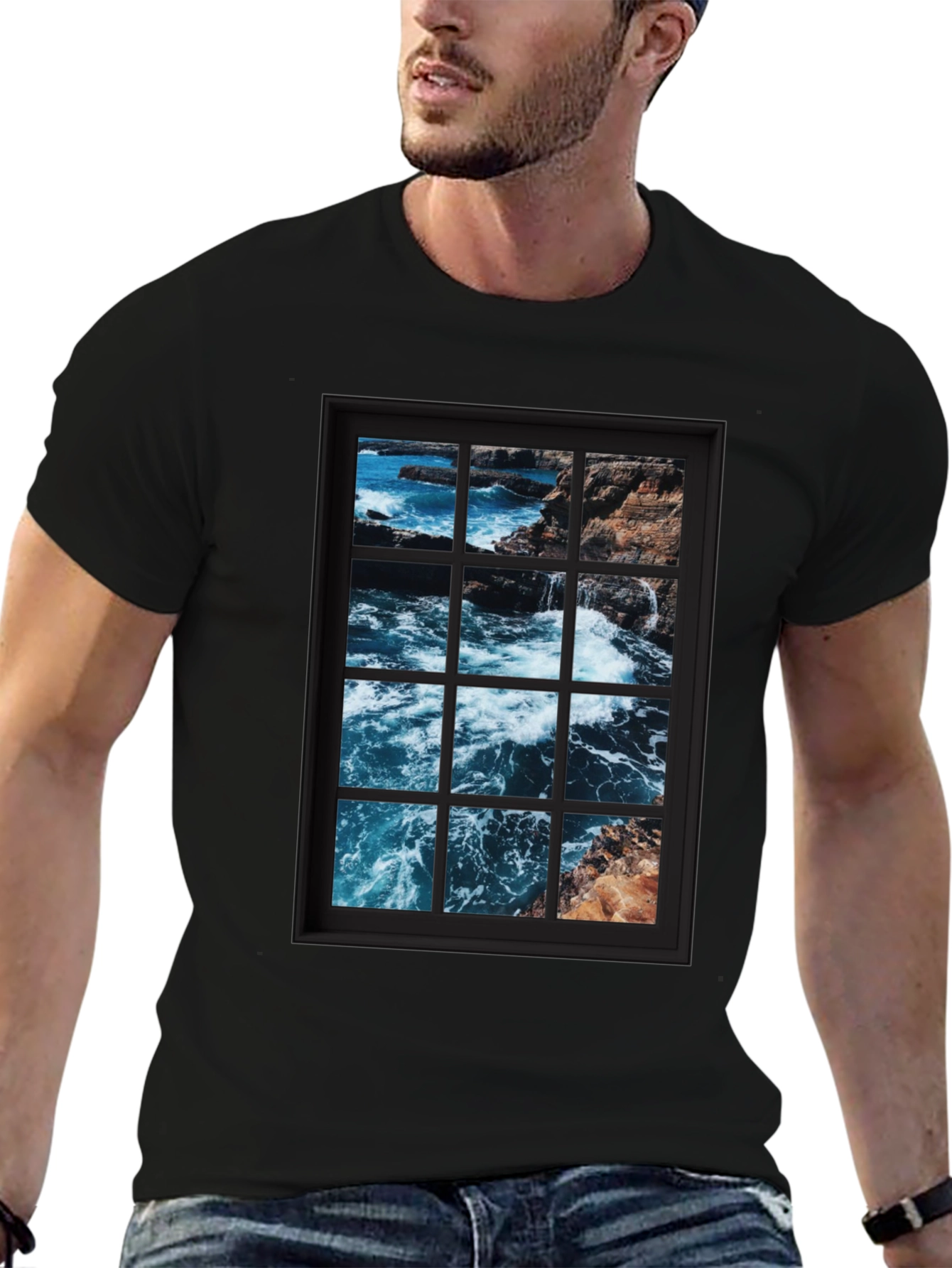 Ocean View Graphic Tee - Black Cotton T-Shirt