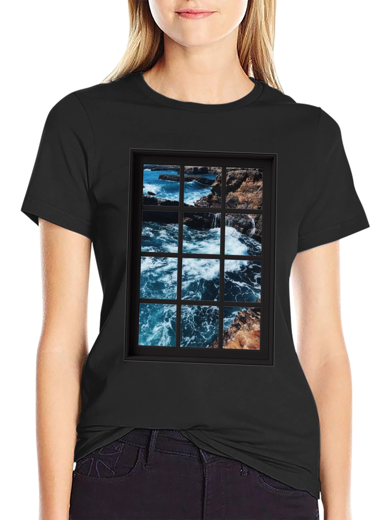 Ocean View Graphic Tee - Black Cotton T-Shirt