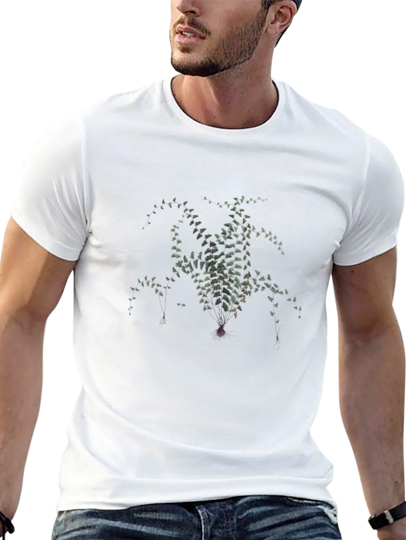 Black T-Shirt with Botanical Fern Print