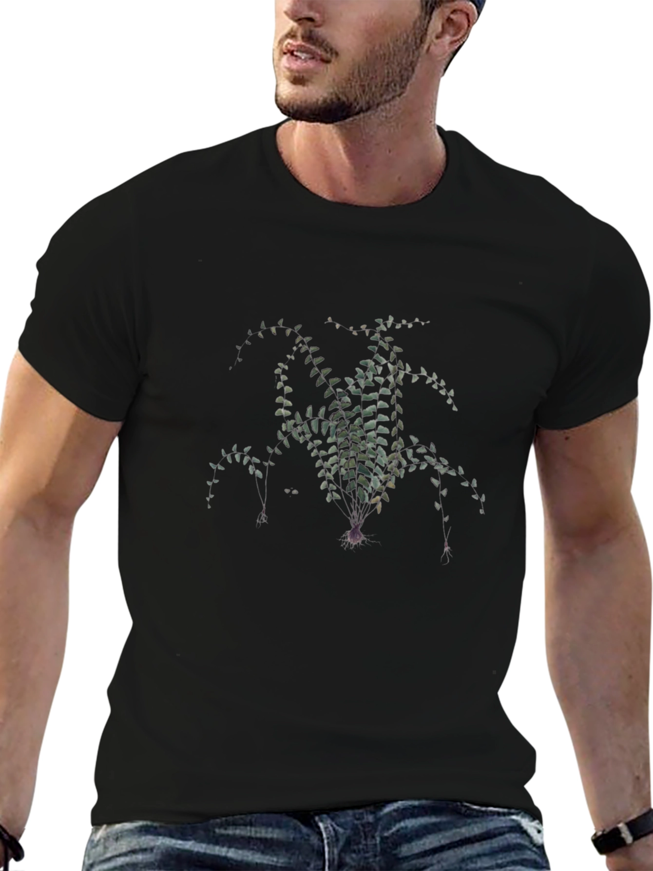 Black T-Shirt with Botanical Fern Print