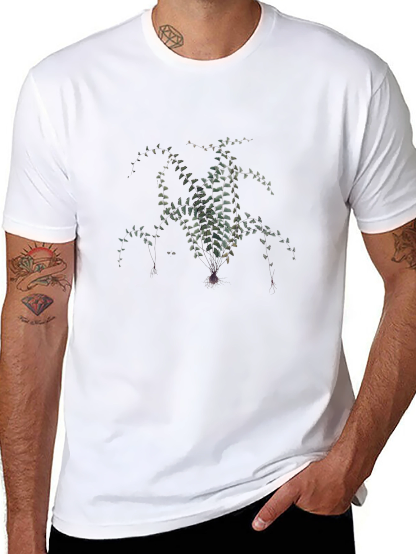Black T-Shirt with Botanical Fern Print